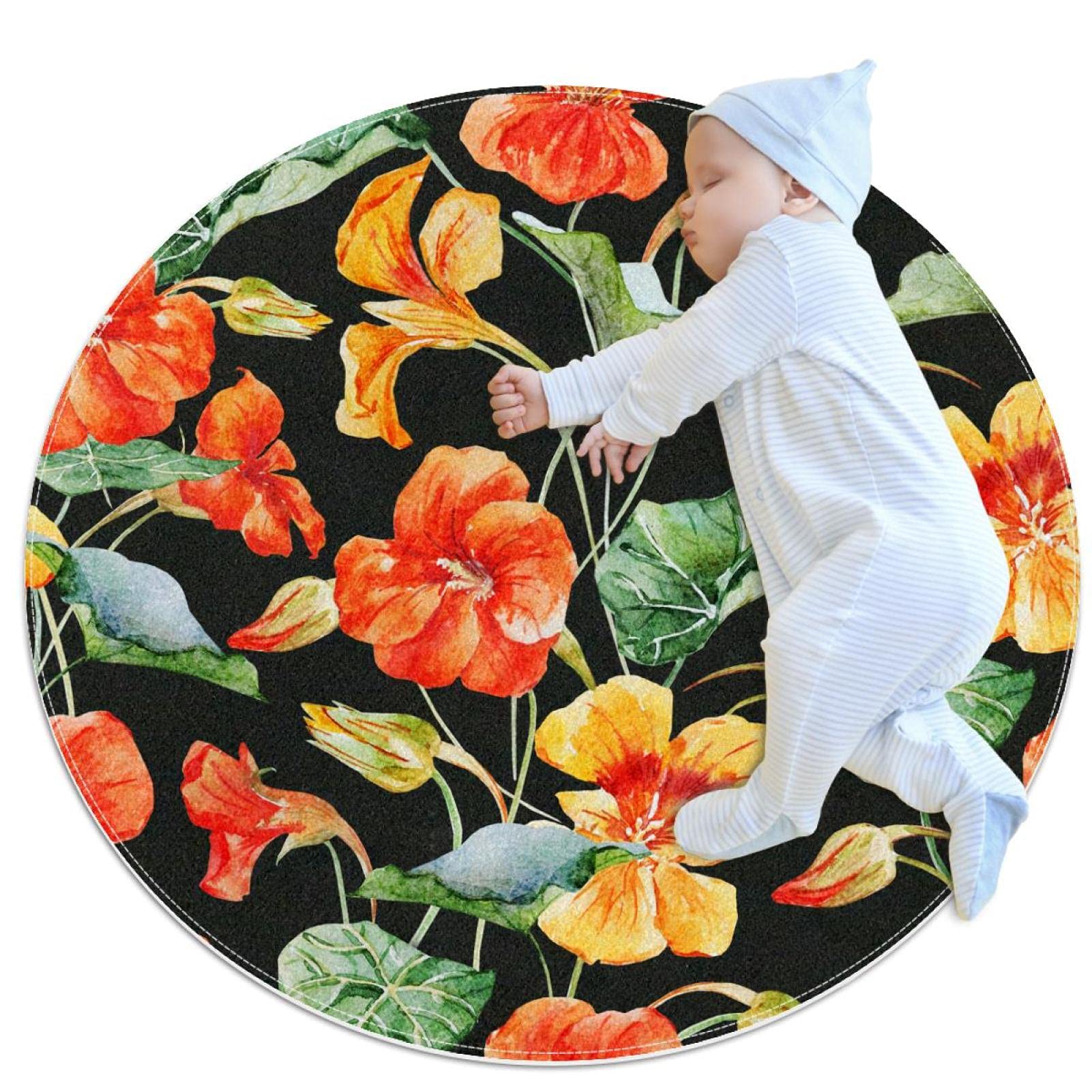 Tapis rond pour enfants motif animaux fleurs aquarelle 80cm de diamètre