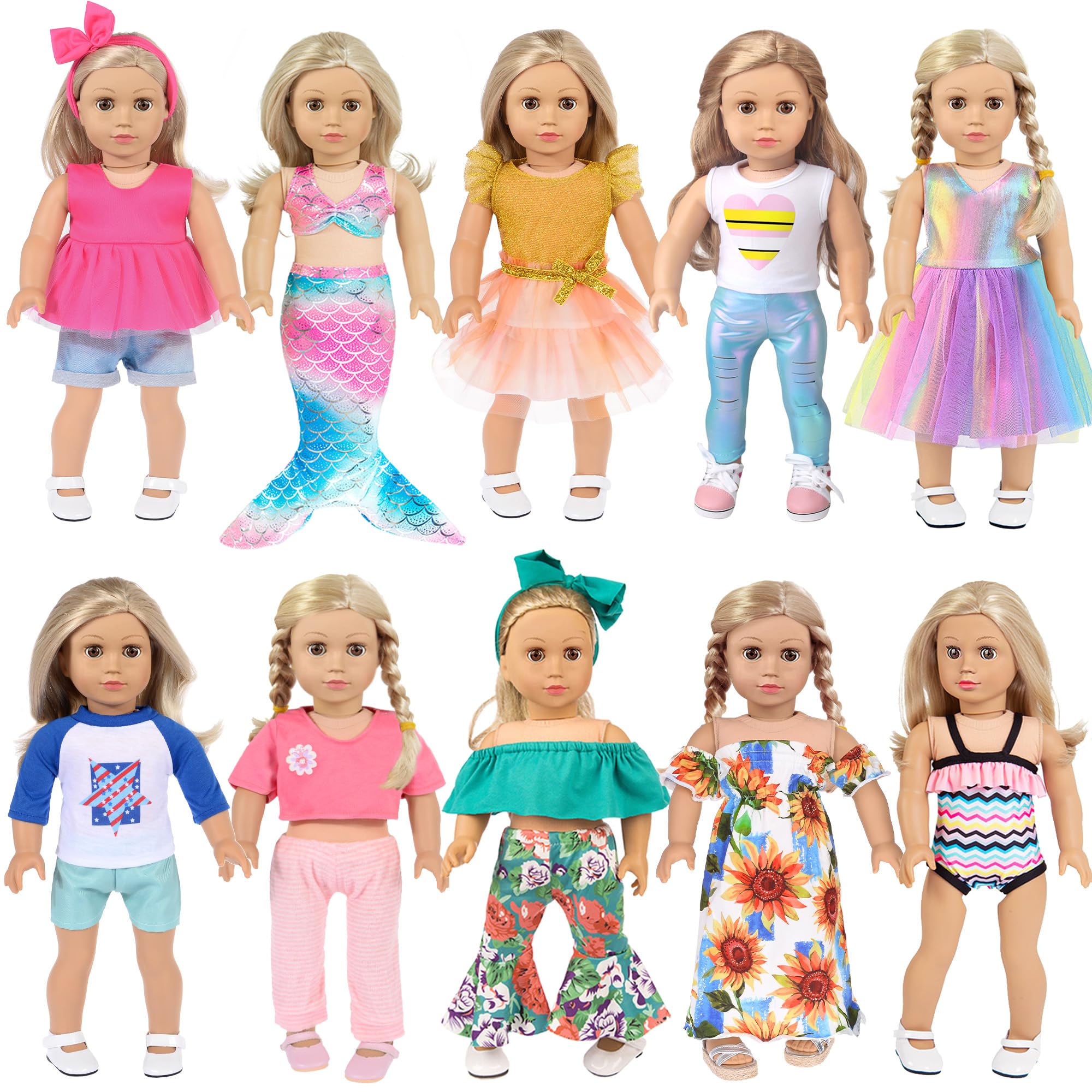 ebuddy 10 Sets 18 inch Doll Clothes and Accessories - Including Mermaid Costume, Stylish Casual Outfit, Swimwear Fit for 18 Inch Dolls (No Doll)