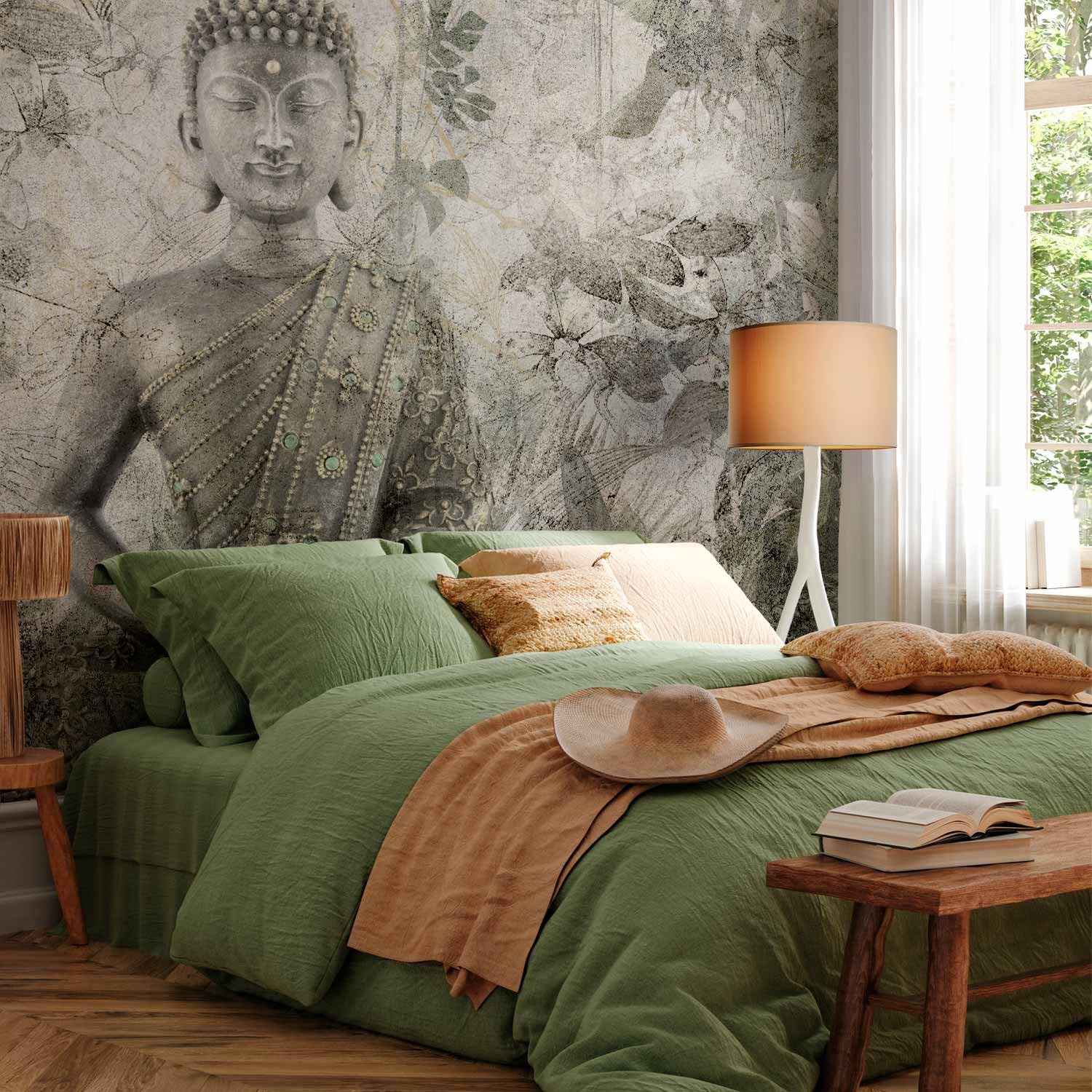 murando PREMIUM Fotomurales Buda 350x256 cm Papel pintado tejido no tejido | coración Pared corativos Murales morna Diseno Fotográfico Oriental Zen Flores Hojas