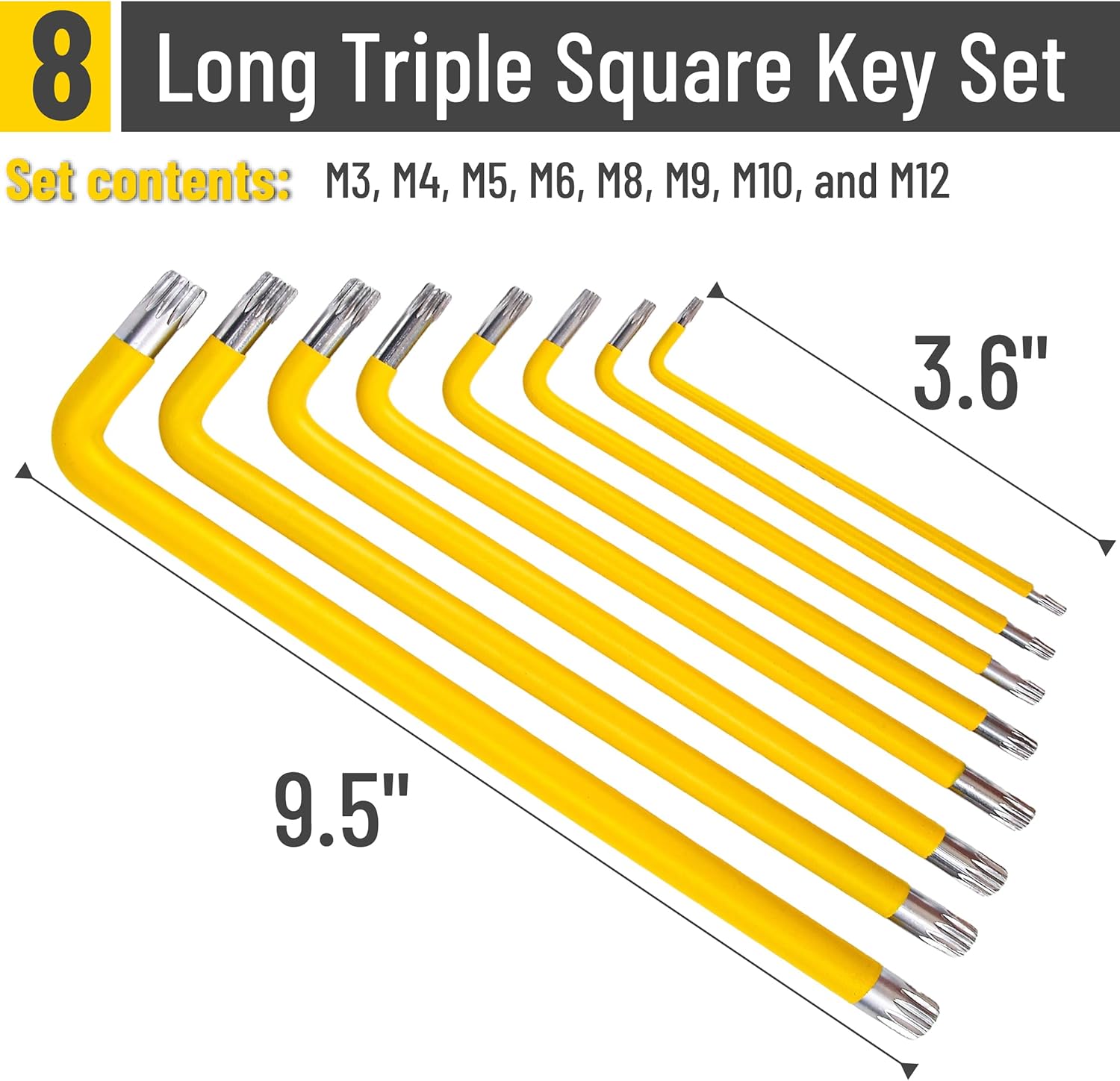 Bates- Long Triple Square Key Set, 8 Pack, 3.6" to 9.5" Length, Yellow, M3 to M12 Sizes, Triple Square Wrench Set with Extra Long Arm for Precision, Automotive Repairs and DIY Projects