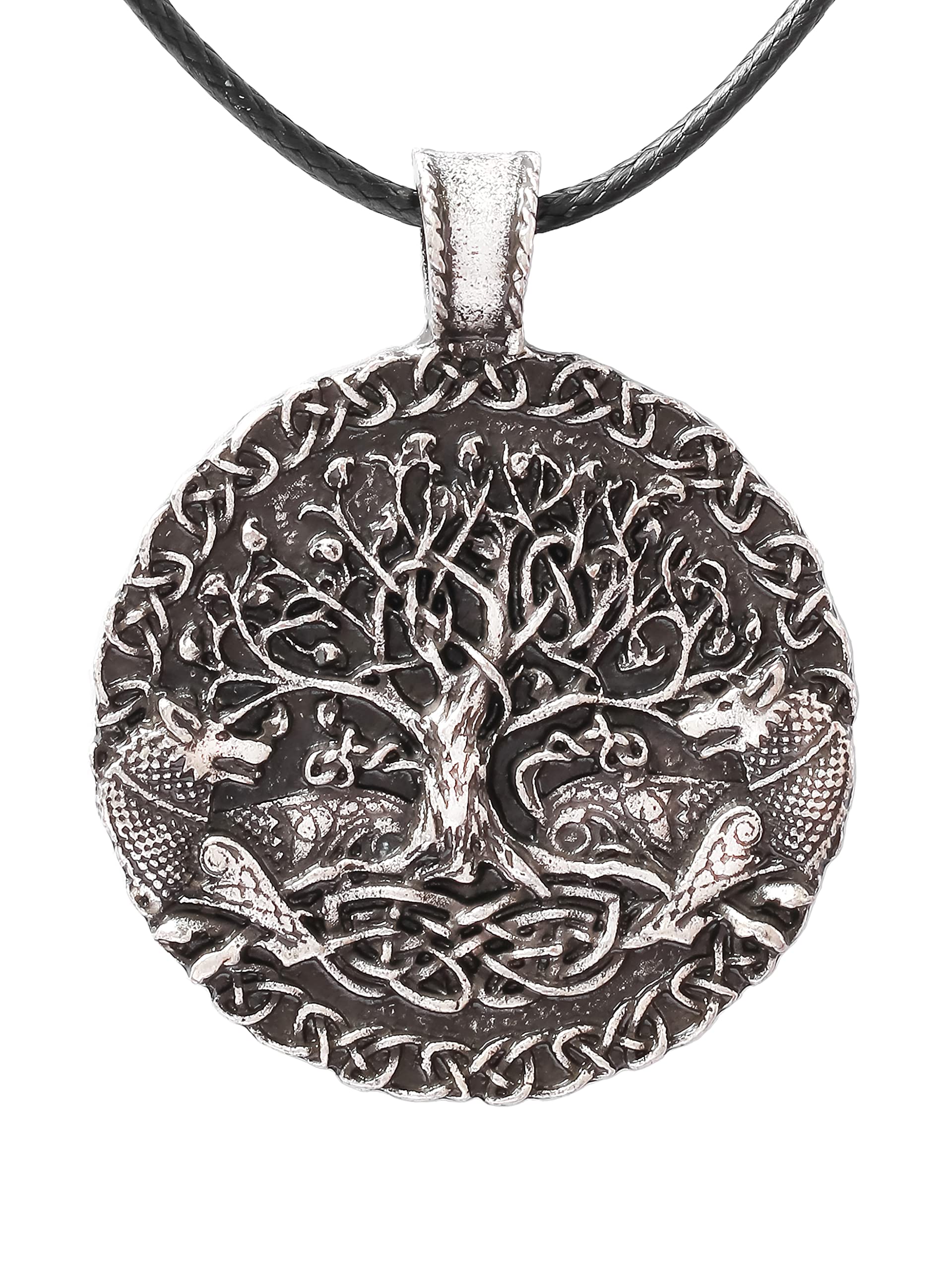 HAQUILViking Necklace, Wolves Ravens of Odin Tree of Life Pendant, Faux Leather Cord, Viking Jewelry Gift