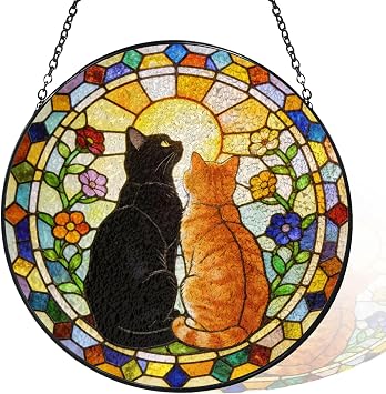 Stained Glass Sun Catcher Window Hanging Sunset Colorful Flowers Cats Suncatcher Nature Window Hanging, Sunlight Catcher with Chain and Hook Indoor/Outdoor Wall Art Decor 5.9in