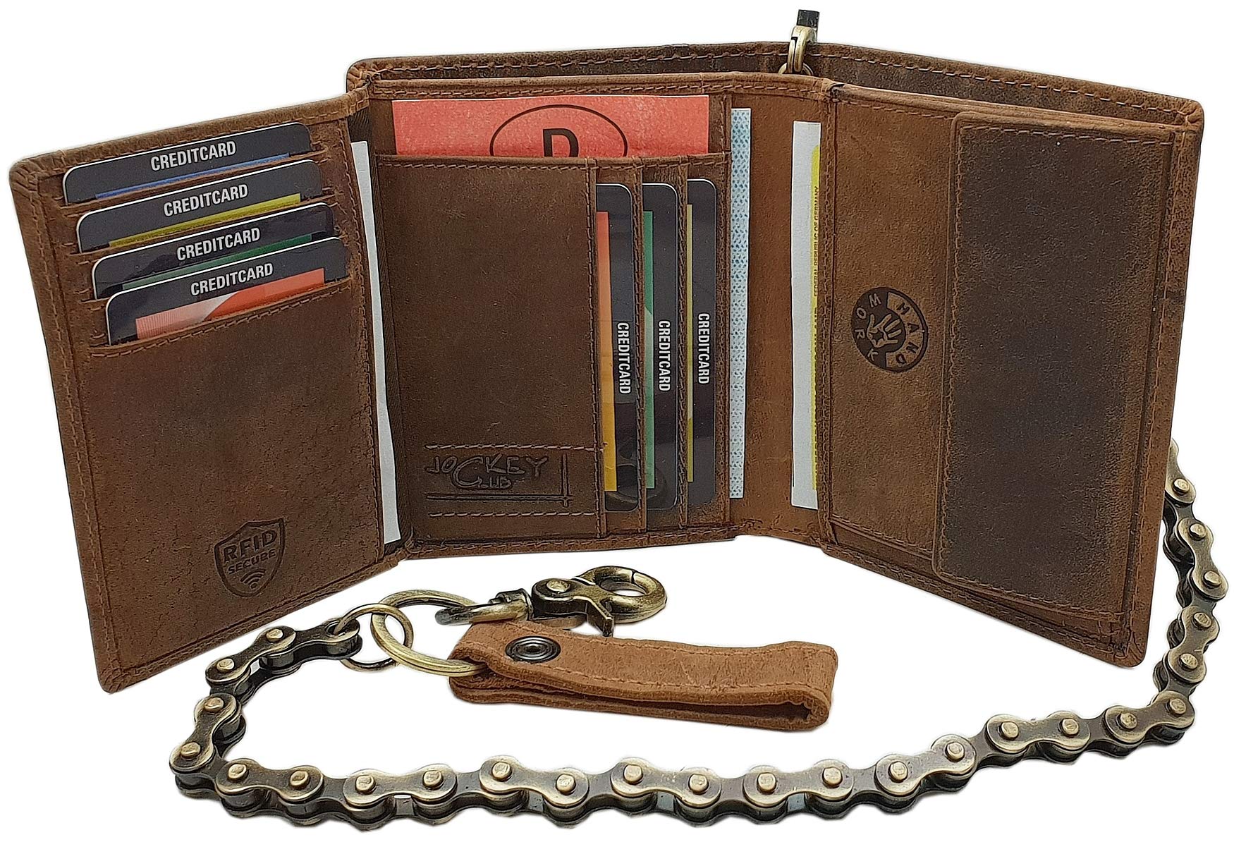 Cuero de búfalo Cartera con Cadena metálica con Calavera-Motivo en Formato Vertical o Formato oblongo con Bloqueo RFID y NFC en marrón