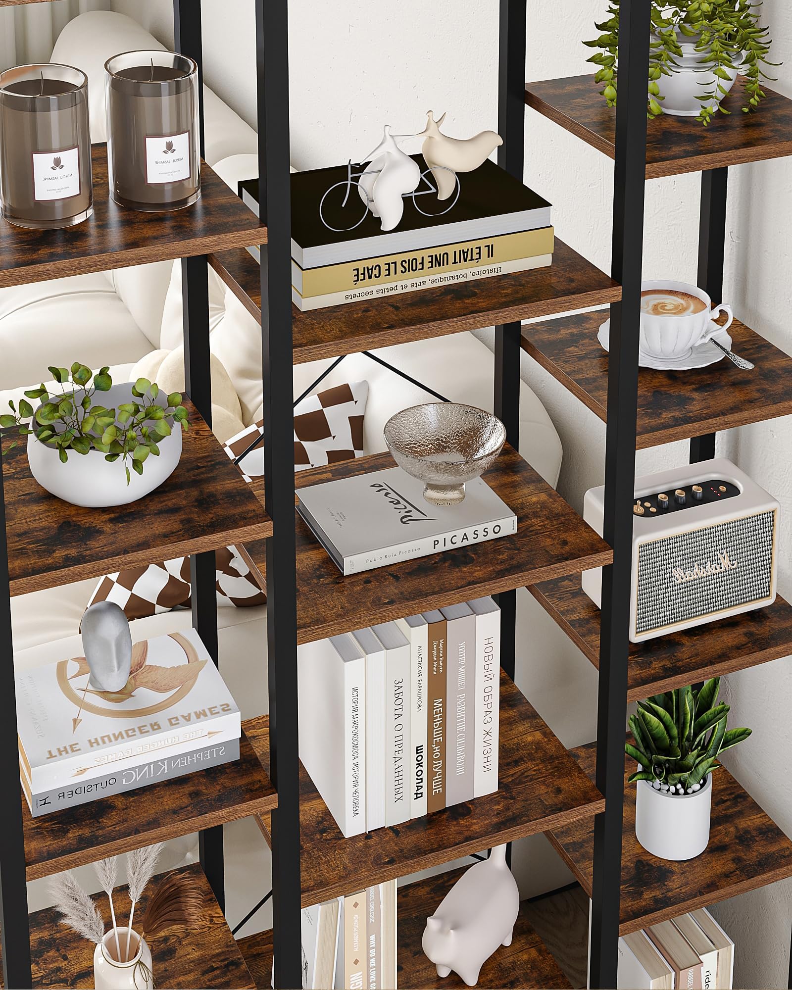 Hzuaneri Librería con 15 Estantes, Estanteria Libros, para Sala de Estar, Estudio, Oficina, 30 x 100 x 170 cm, Marrón Rústico y Negro BC15001B