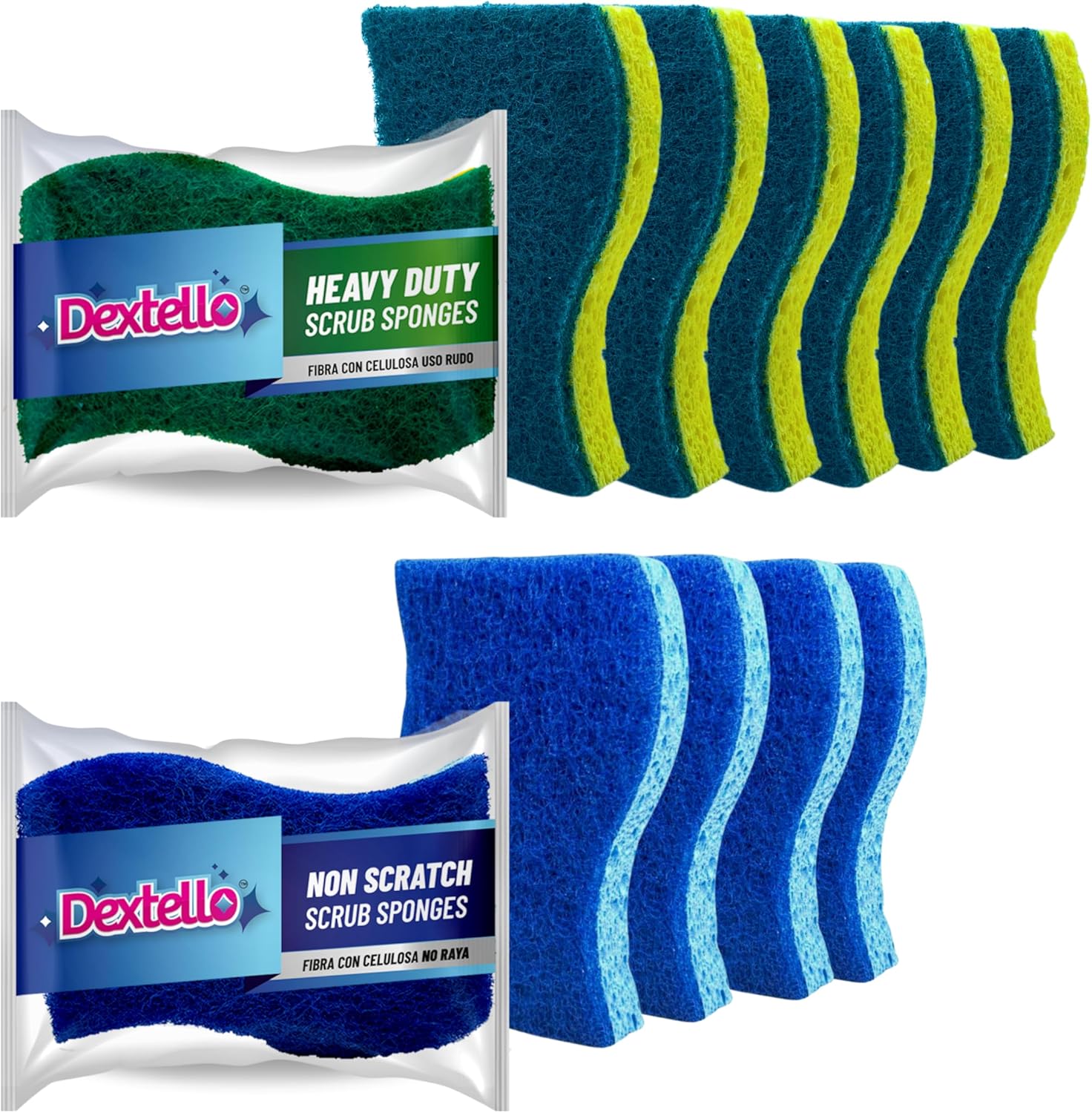 DEXTELLO Scrub Pack – 10 Kitchen Sponges Set (6 Heavy Duty + 4 Non-Scratch) – Long-Lasting, Dual-Sided for Dishes, Bathroom & Household Cleaning