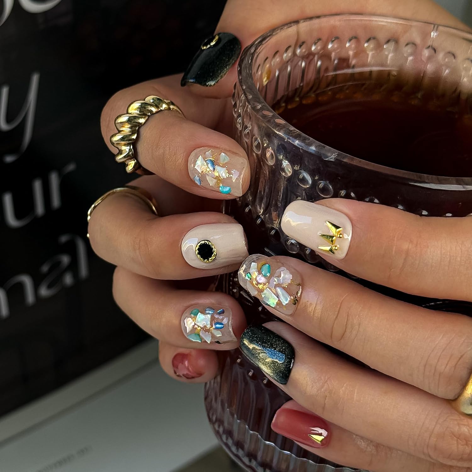 Midnight Gem 10PCS Press On Nails Set, Black-to-Gold Gradient & Mixed Design Glam Fake Nails, Acrylic/UV Gel Luxury Gem Press-Ons for Women, Fall Winter Neutral Glam Nail Kit (Multicolor, S)