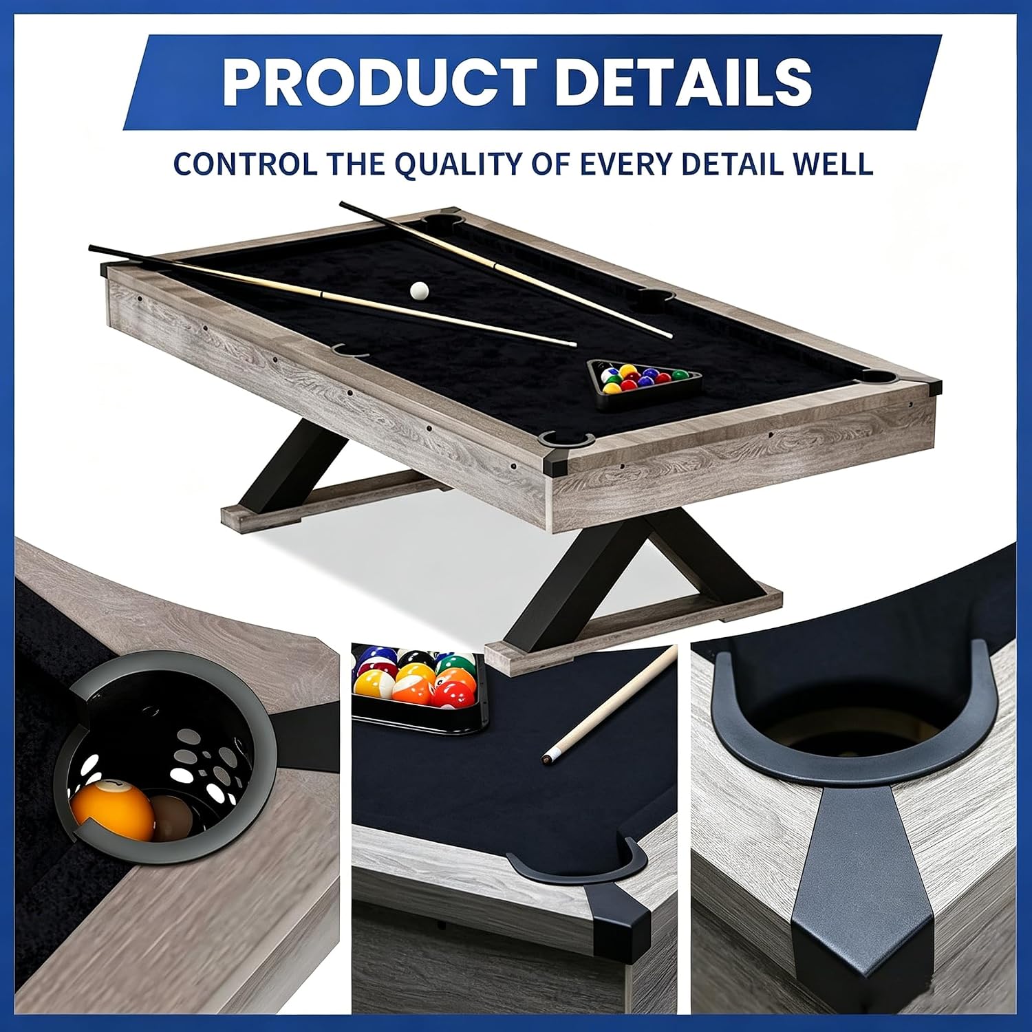 84" Pool Table with X-Shaped Legs,Black Cloth & Grey Finish,Includes Billiard Balls,Cues,and Accessories – Billiard Table for Home Entertainment and Game Room.(Rustic Grey)