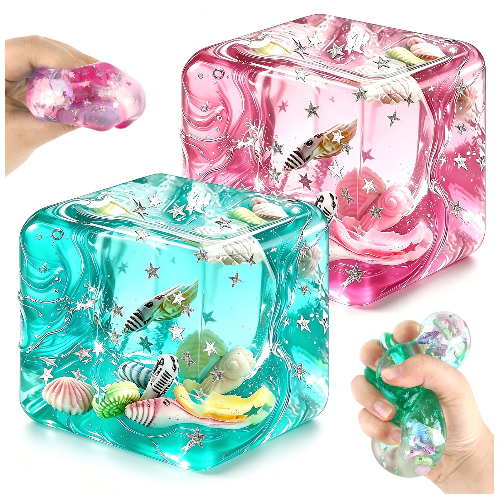 2-częściowe zabawki Squishy Cube Kulki, Kostka Lodu z Cukrowanym Słodkim Miodem z Muszlami i Pływającymi Gwiazdami, Wypełnione Zabawki Squishy Ball dla Dzieci i Dorosłych na Ulgę