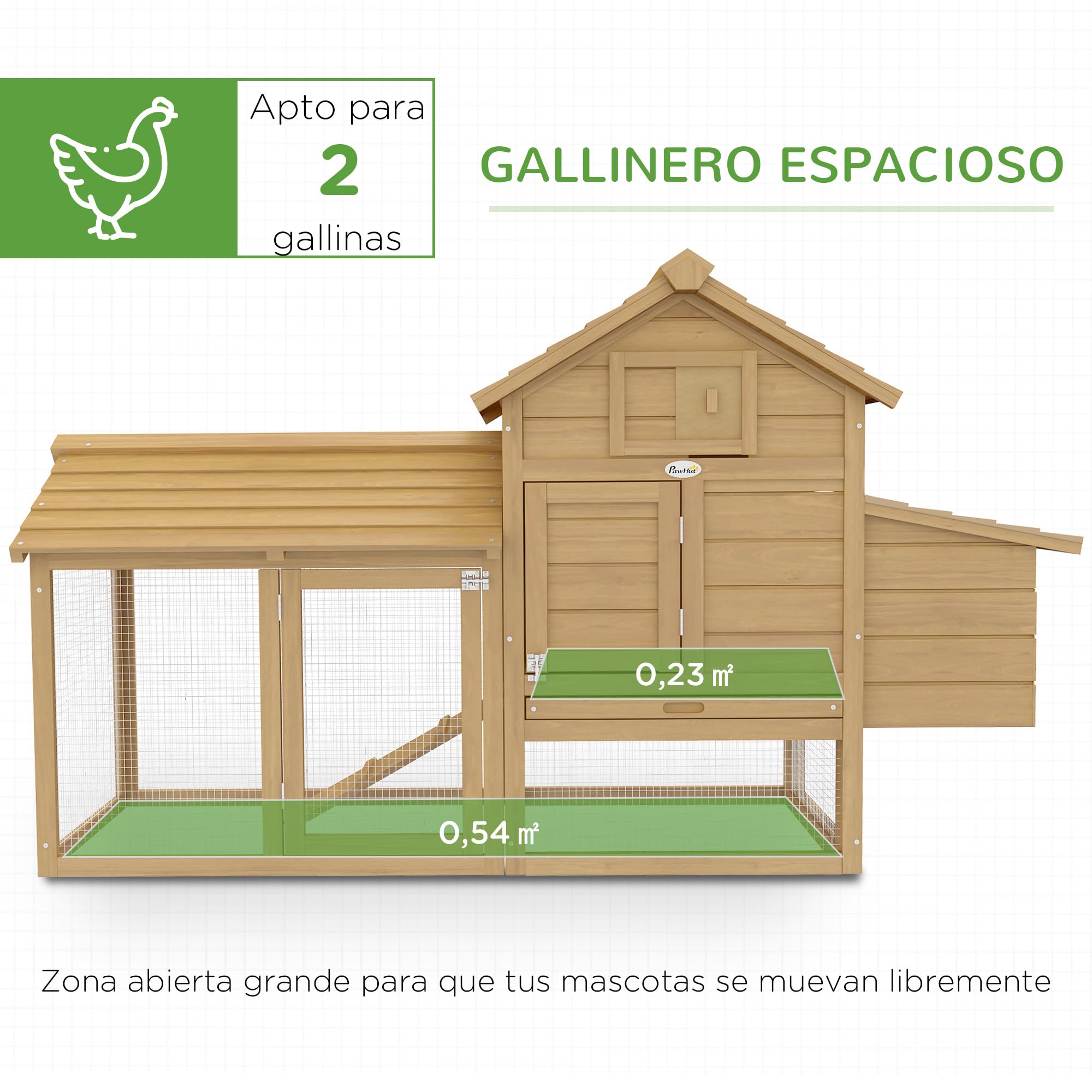 PawHut Gallinero de Madera para Exterior XXL con 2 Corrales, Caja Nido, Bandeja Extraíble 151,5x54x87 cm
