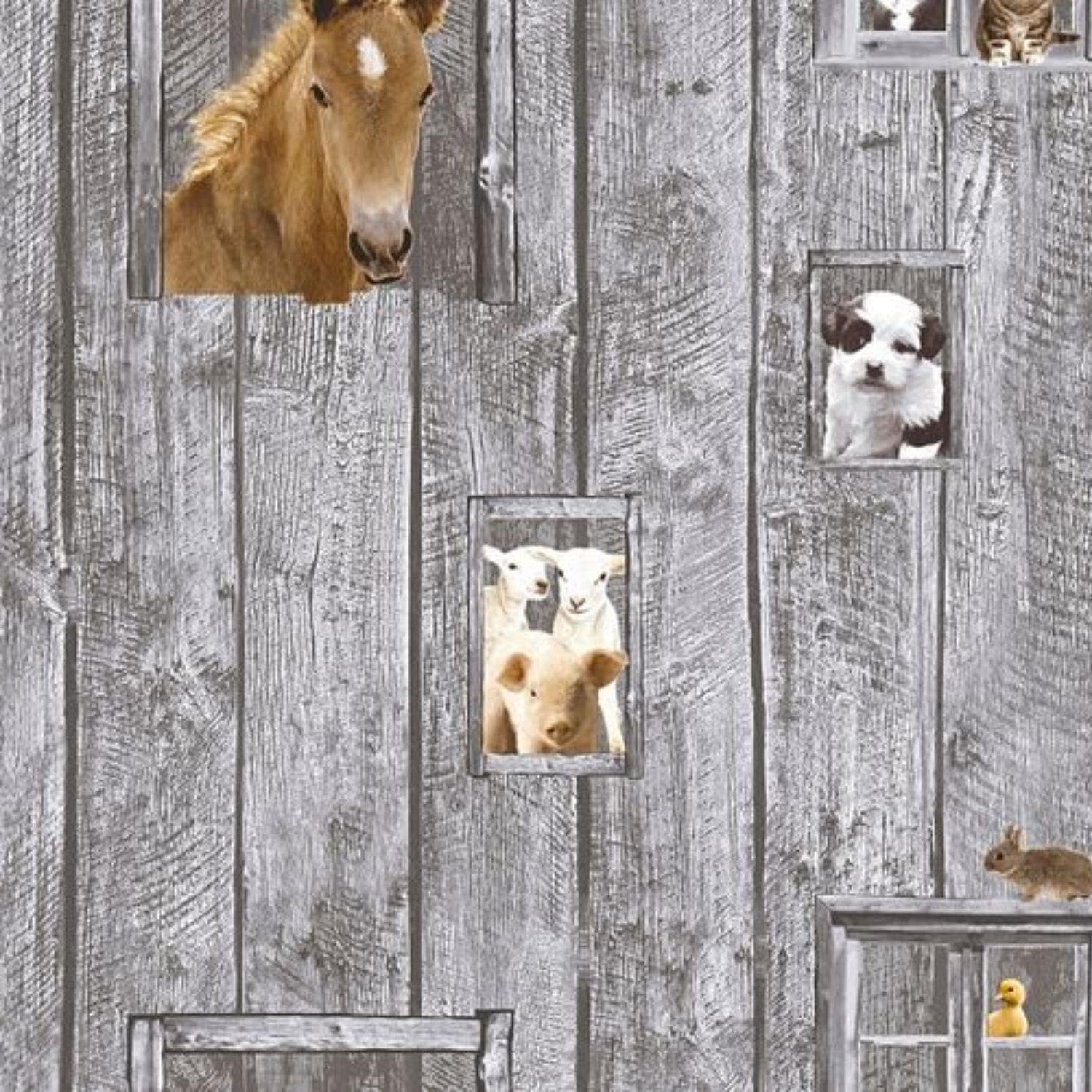YöL Little Stars Animals Wallpaper - Grey Wood Planks - Farm Sheep Horse Dog - Feature Wall Contemporary - Paste The Wall