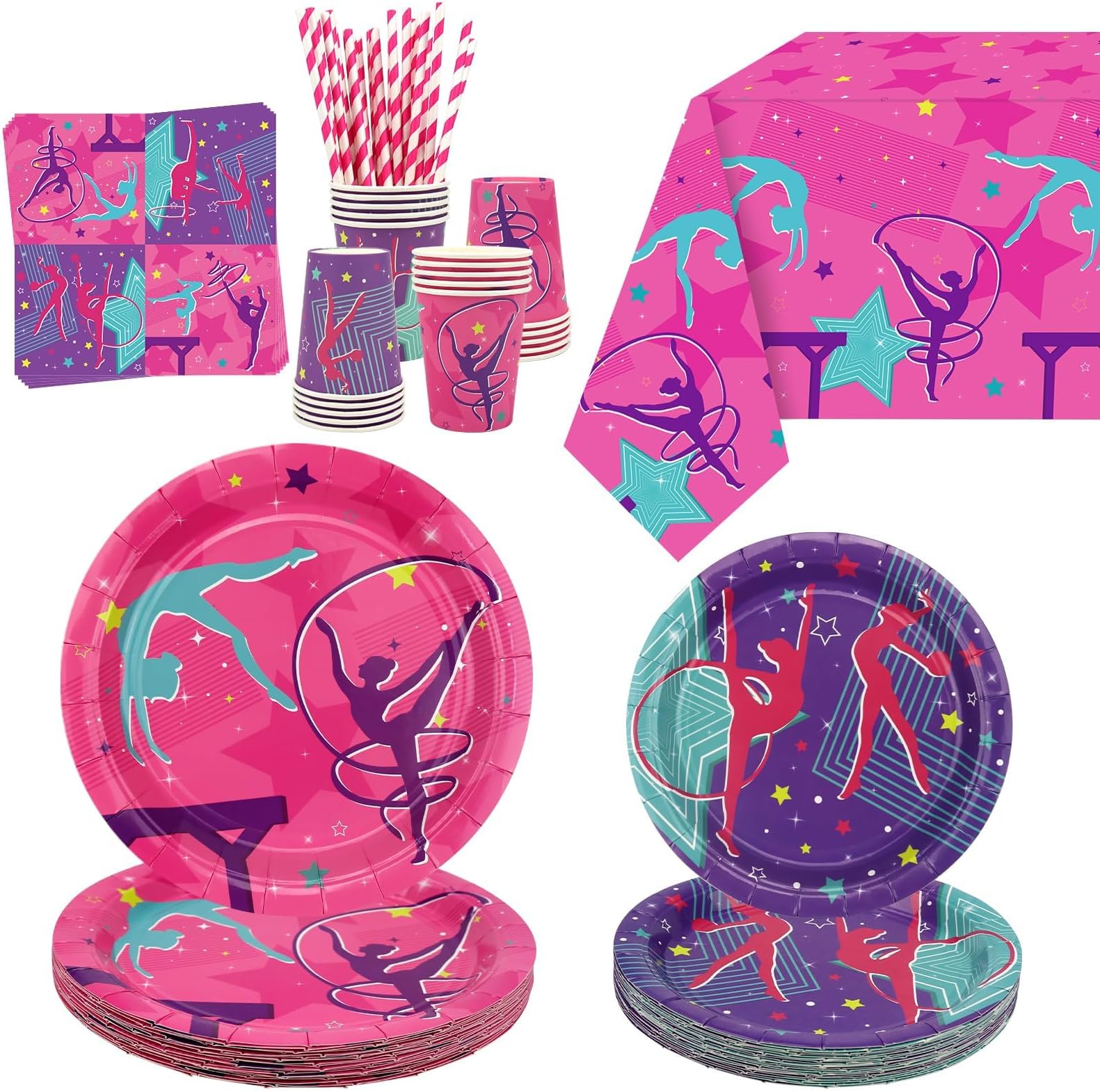 Gymnastics Birthday Party Decorations - Gymnastics Theme Party Supplies for Your Little Dance Gymnasts with Gymnastics Tablecloth, Plates, Napkins, Tableware, Serves 20