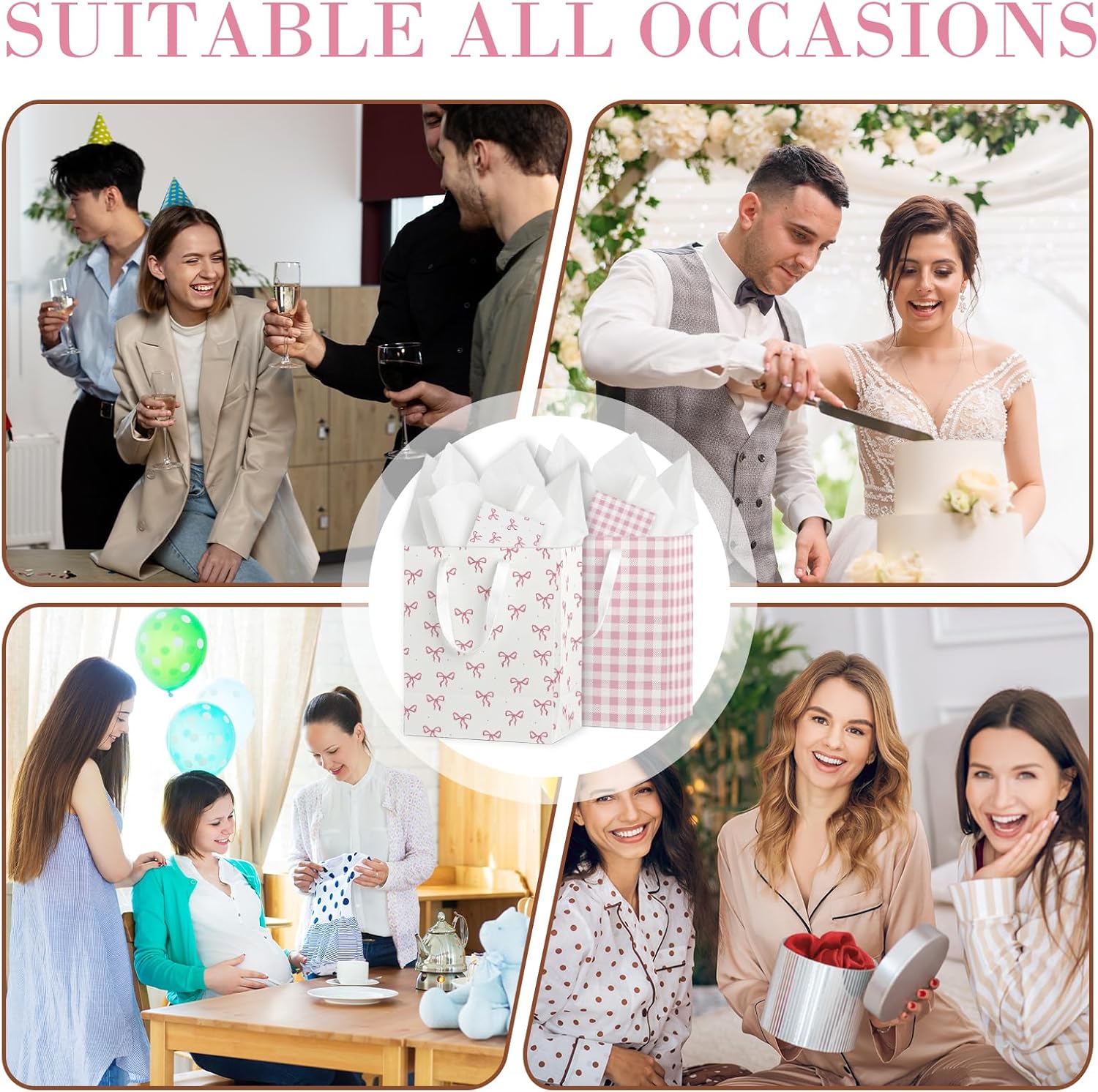 Coquette Charm Pink Bow Gift Bags Set of 6 - Medium Sized 9" Bags with Handles incl. Matching Tissue Paper, Cards in Pink for Girl- Reusable & For Presents of Any Birthday, Weddings，Bridal Shower - Image 7