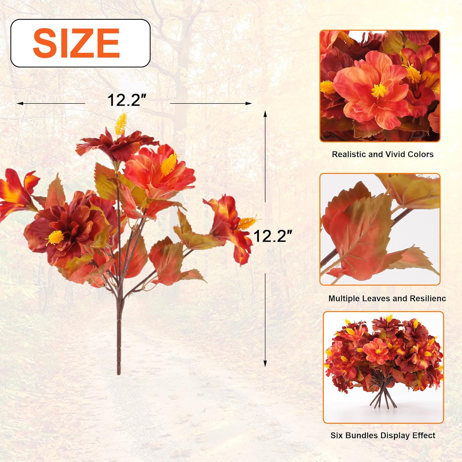Artificial Fall Flowers for Decoration, Fake Hibiscus Plant for Outdoor, 6PCS Autumn Silk Faux Hibiscus Flower UV Resistant No Fade for Garden Balcony Yard Porch Realistic Decor