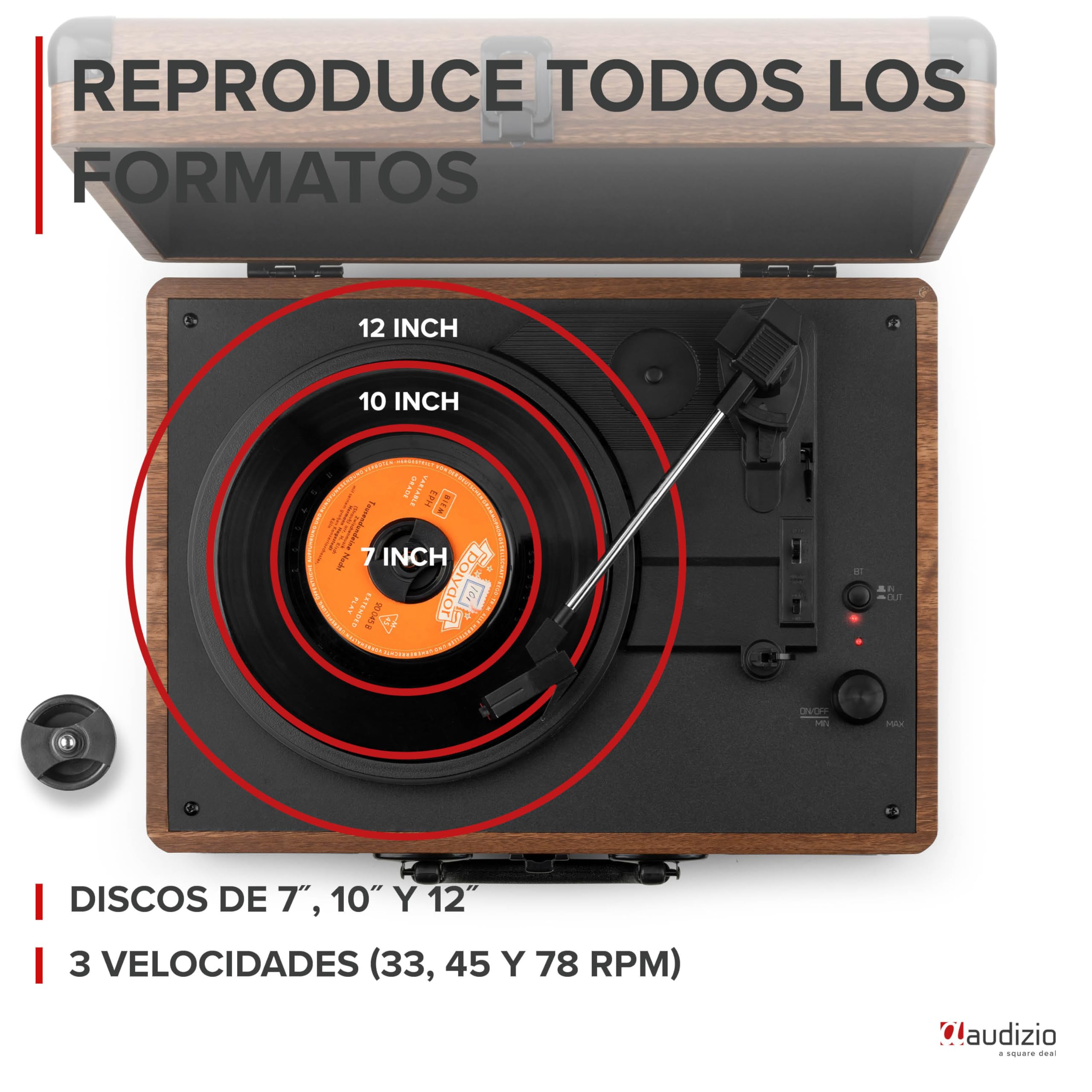 Audizio RP116W Tocadiscos de Vinilo Estilo Maletín con Bluetooth In/out, Altavoces Integrados, Codificación MP3 por USB y 3 Velocidades – Diseño Retro Compacto en Color Madera con Sonido Estéreo