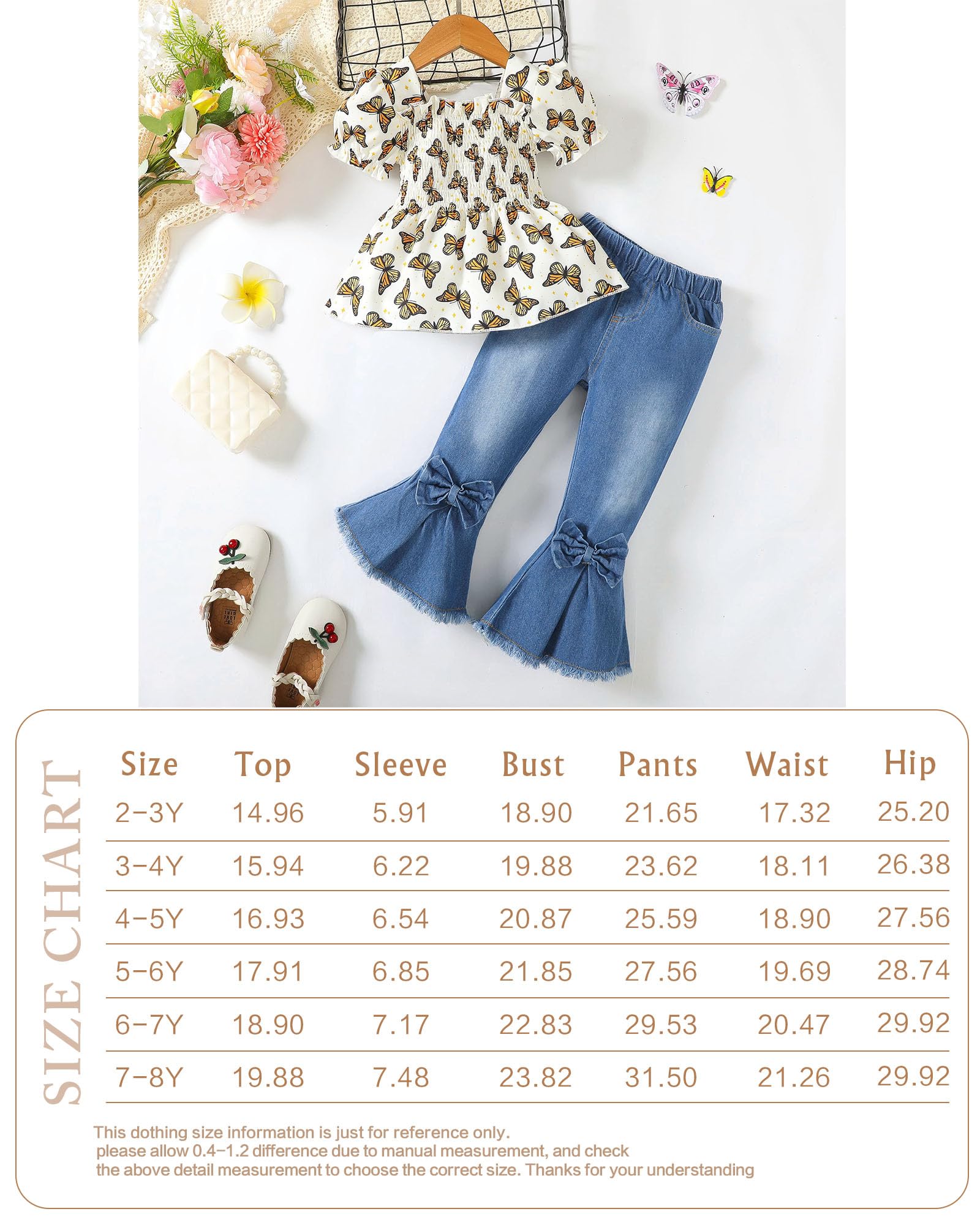 Kucnuzki Conjunto de ropa de 2 piezas para niñas pequeñas, camisa de manga corta, jeans acampanados, conjunto de ropa para niñas