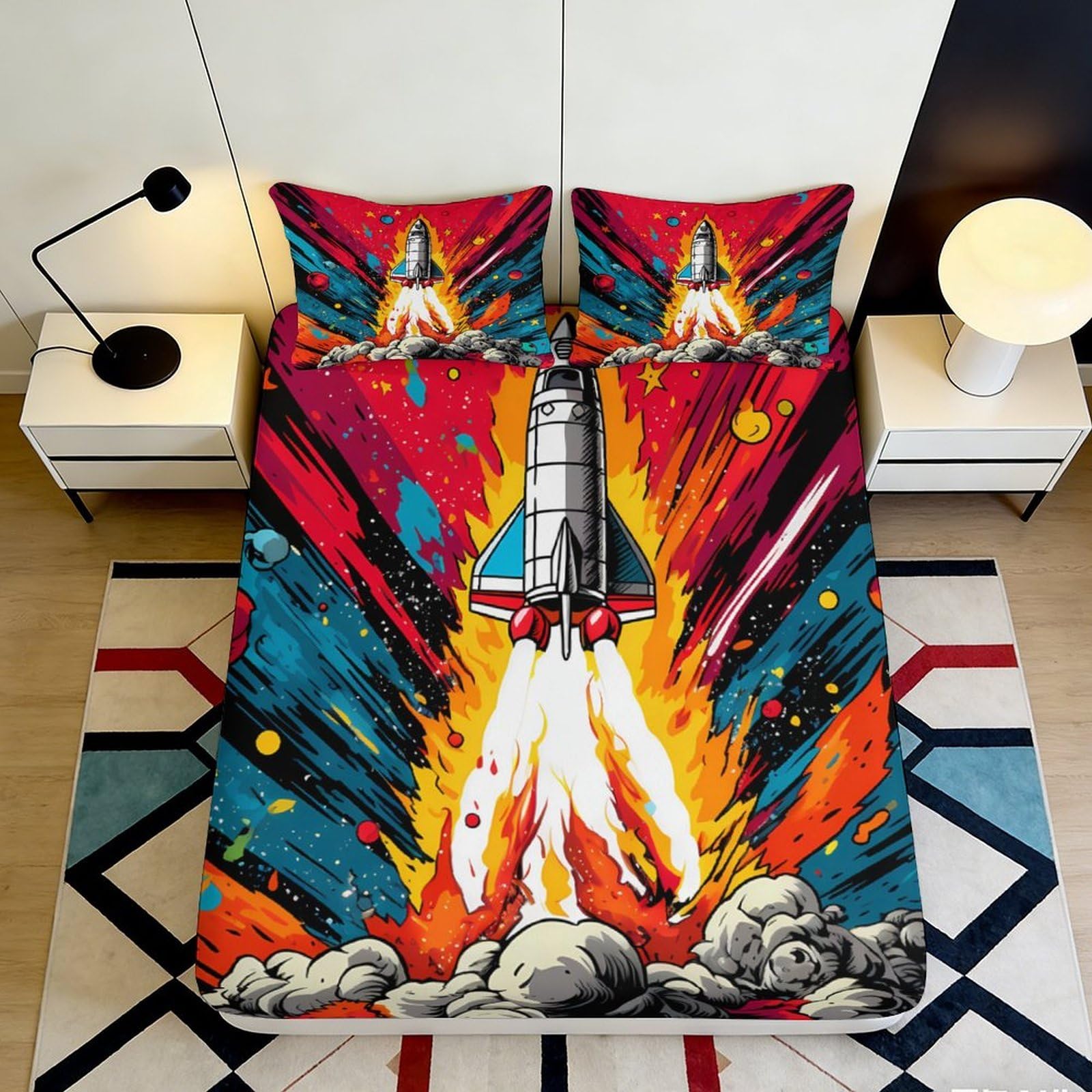 3D Printed Rocket Fitted Sheet, Microfiber soft touch, colourful space design, Bed Cover for home or guest room, easy care, apartment bedding, 116 90x200x25cm
