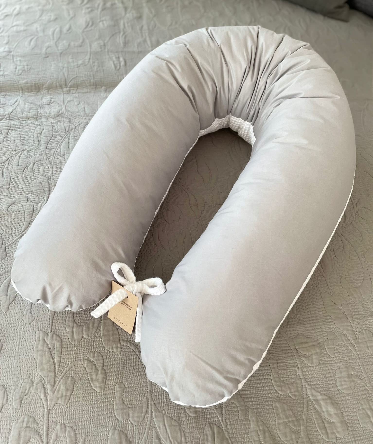 LOOLAY Schwangerschaftskissen - Stillkissen 170 cm - Seitenschläferkissen 100% Baumwolle - mit Abnehmbarem Bezug - Ergonomisches Schwanger Kissen für Schlafen (Waffel Weiß/Grau)