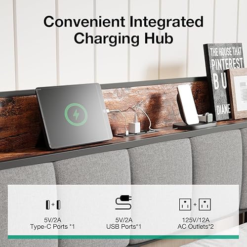Miniatura 3 de Novilla Base de cama Queen con estación de carga USB/tipo C y cabecera de almacenamiento, marco de cama de plataforma de metal moderno, fácil