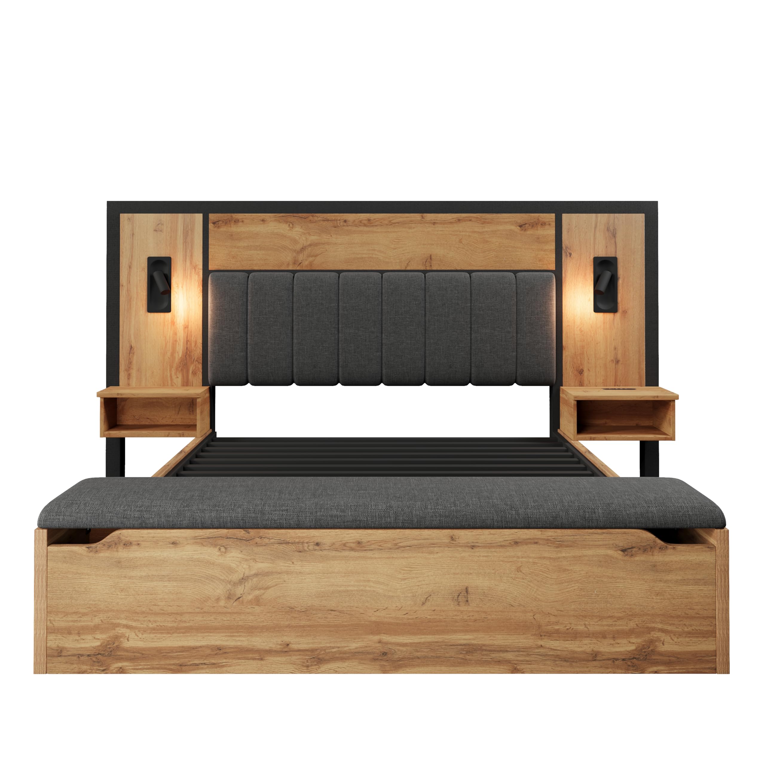 Kebnor Letto matrimoniale imbottito, letto con lampada da lettura e comodino USB C e panca con vano portaoggetti, struttura del letto con rete a doghe in metallo, legno e lino, rovere (senza materasso