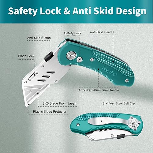 Miniatura 3 de Harita Cuchillo utilitario para cortar cajas, cortador de cartón, cuchillas de cambio rápido, mecanismo de bloqueo posterior, clip de cinturón