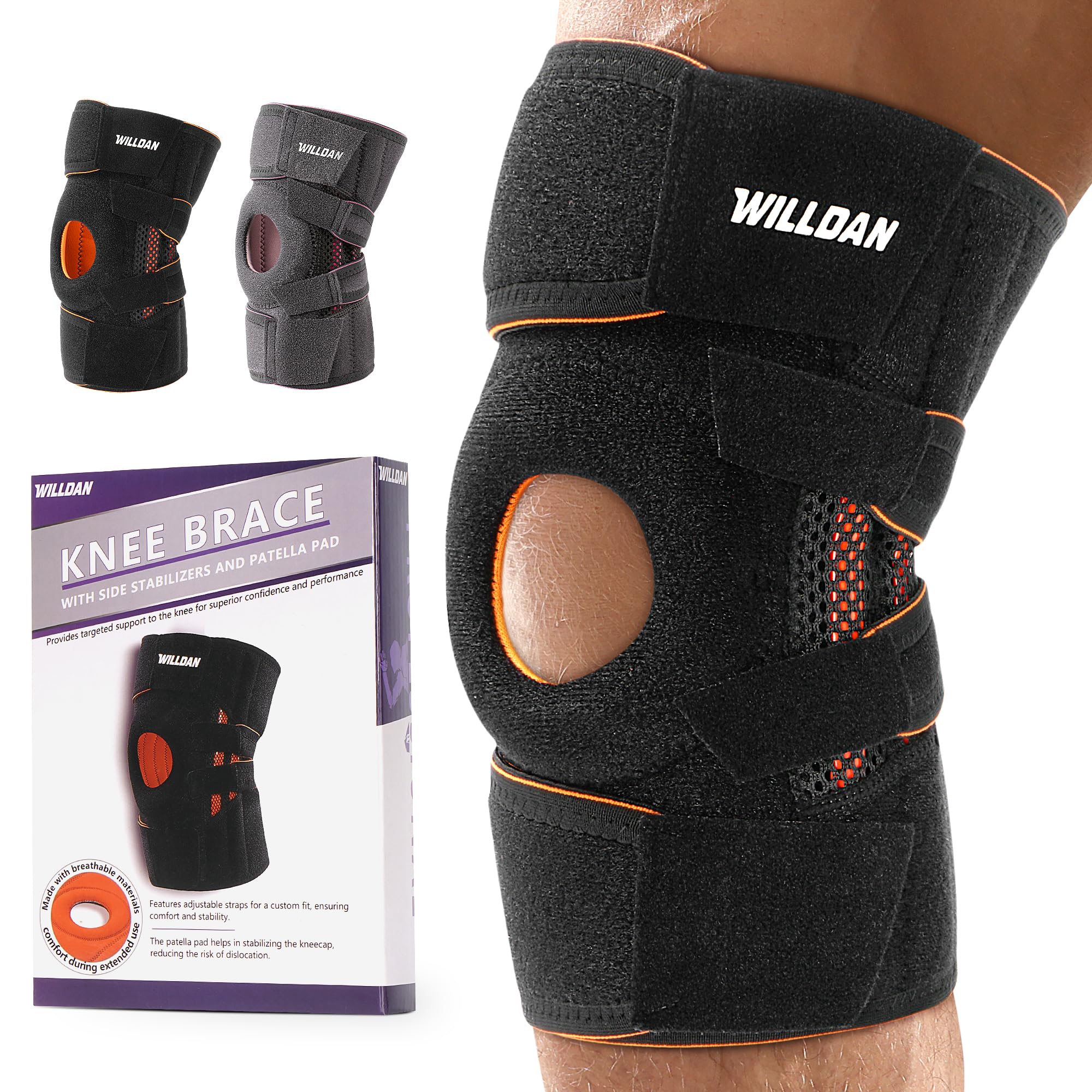 WILLDAN Knee Brace with Side Stabilizers & Patella Gel Pads for Maximum Knee Pain Support, Running, Workout and fast recovery for men and women (Black