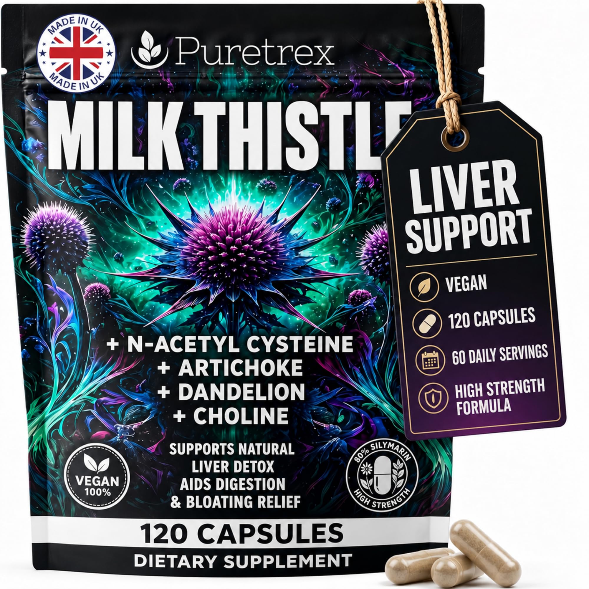 Milk Thistle Supplement - 120 Vegan Capsules, Artichoke, Dandelion