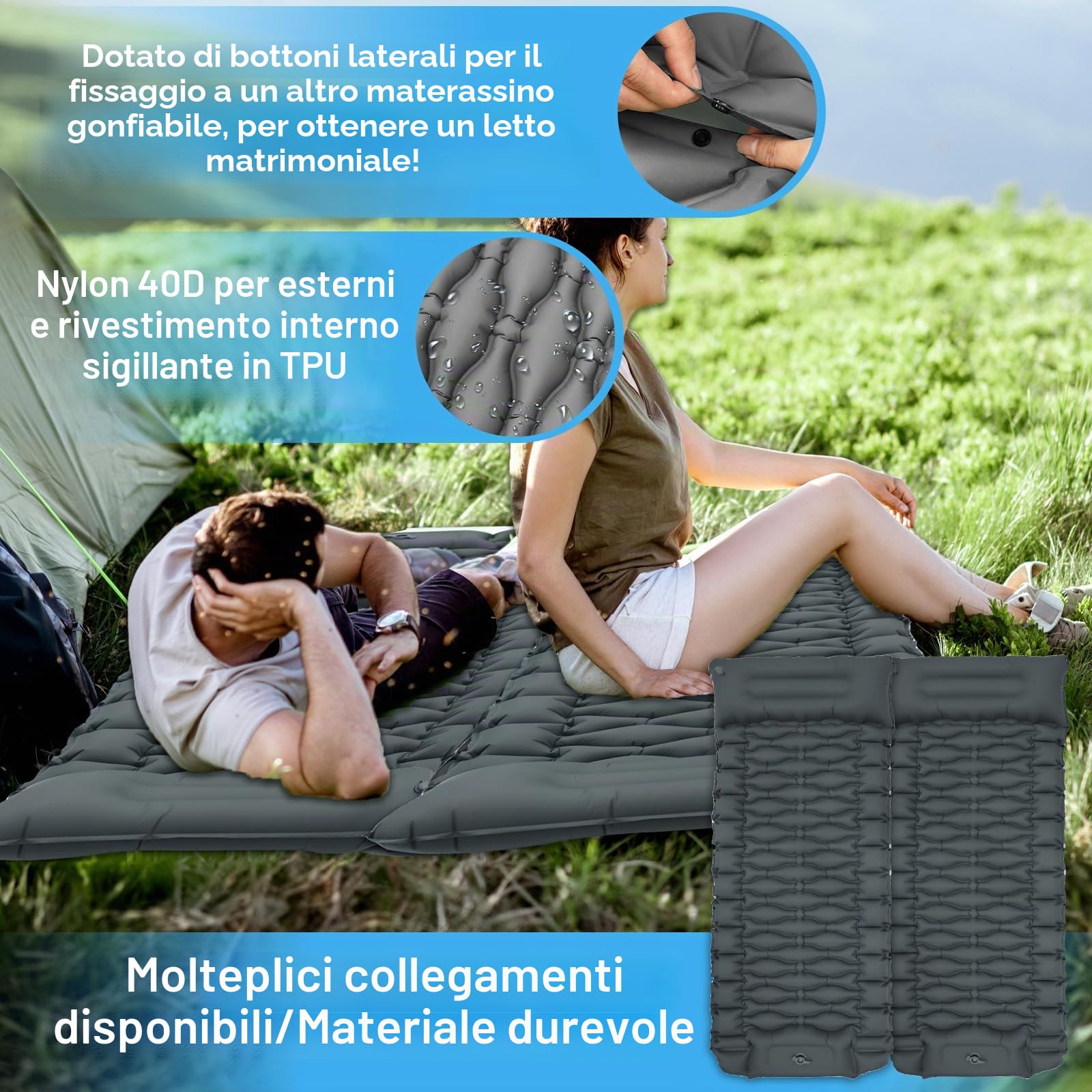 Materassino Campeggio Autogonfiante, Materassino da Campeggio, Portatile Materassino Autogonfiante con Pompa a Pedale e Cuscino, 10cm Spessore per Campeggio, Outdoor, Spiaggia, Escursionismo