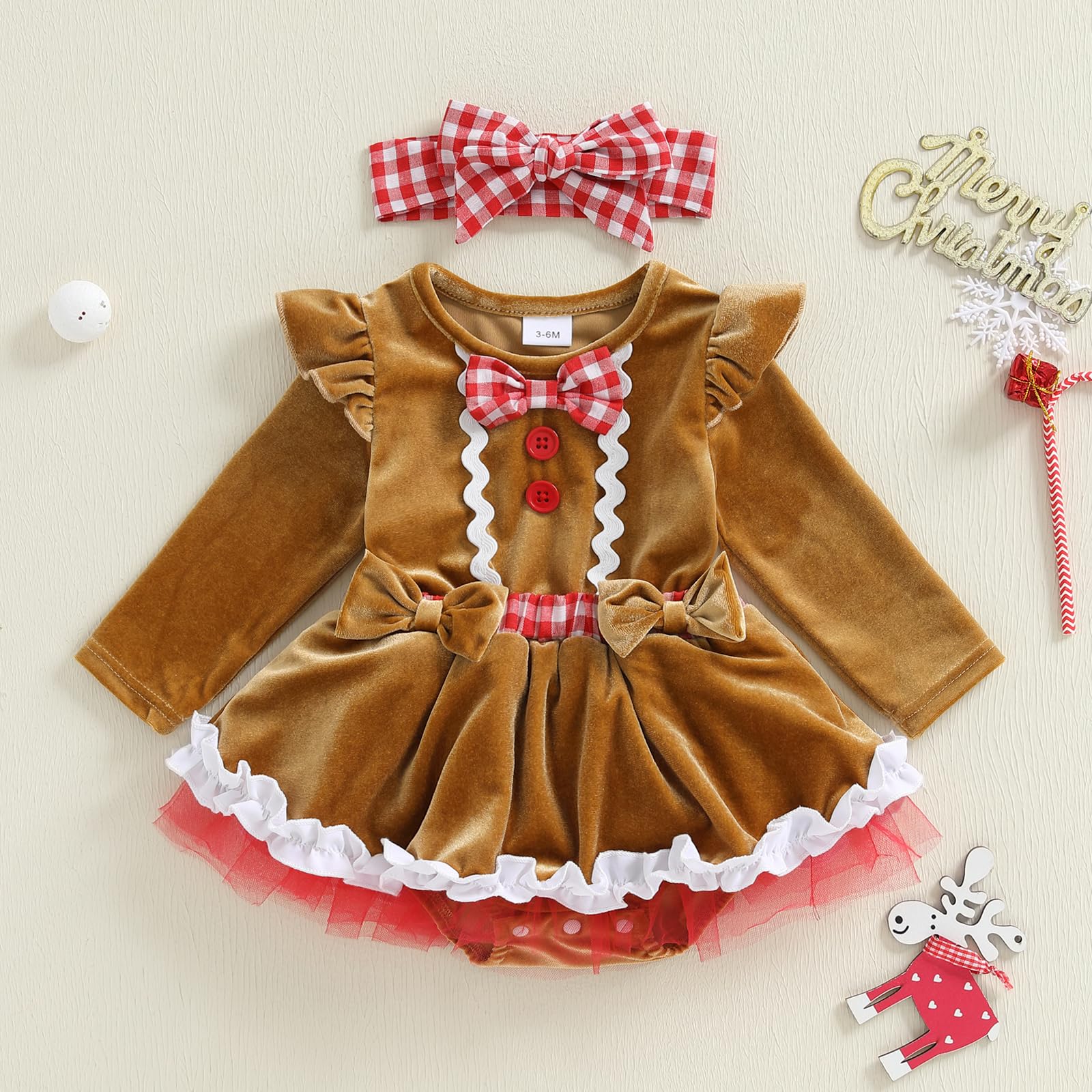 Himllauen Infant Baby Girls 2 Pcs Christmas Outfits Toddler Long Sleeve Santa/Gingerbread Romper Dress + Headband Set Newborn Girl Winter Clothes (Beige - Image 2