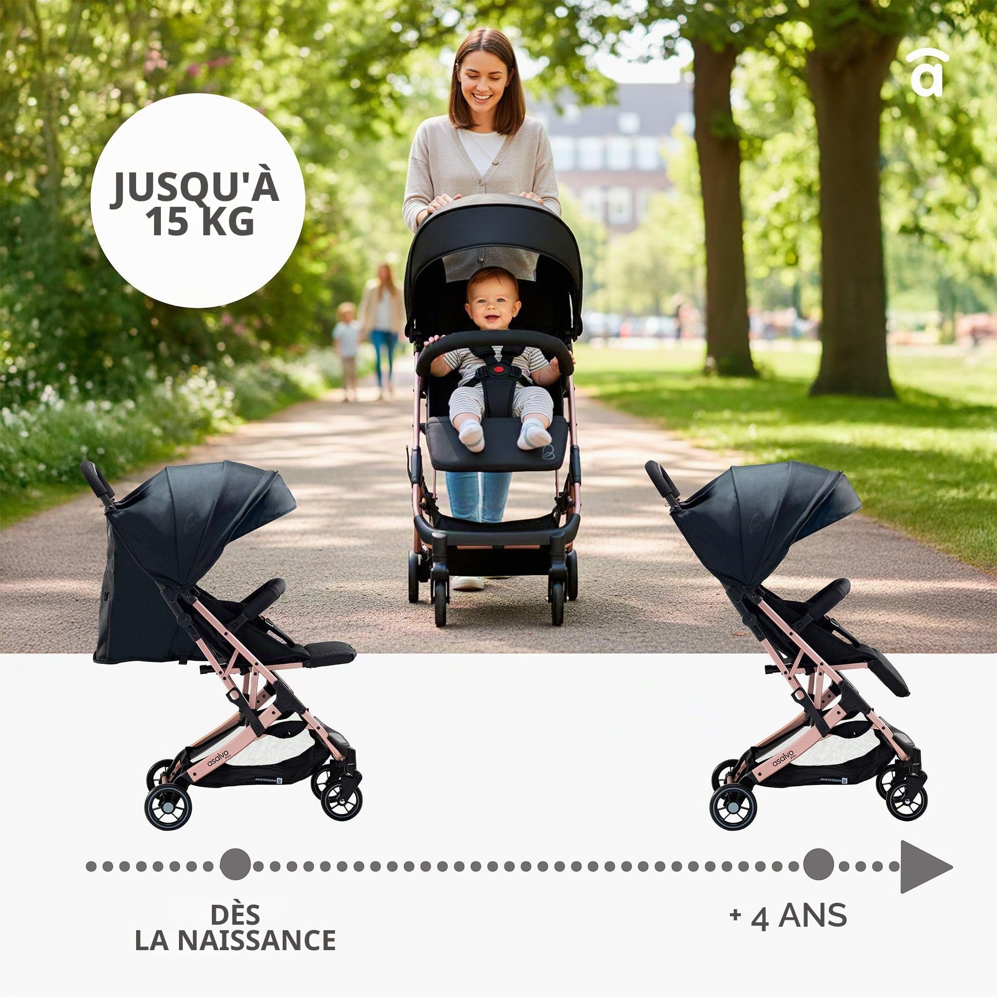 Asalvo AMSTERDAM Poussette, Cabine, Voiture d'enfant, Ultraligera, Cómodo, Capuchon réglable, Pratique, se plie d'une seule main, Chariot Asa, À partir de 6 mois, Charge maximale 23 kg, Dorée