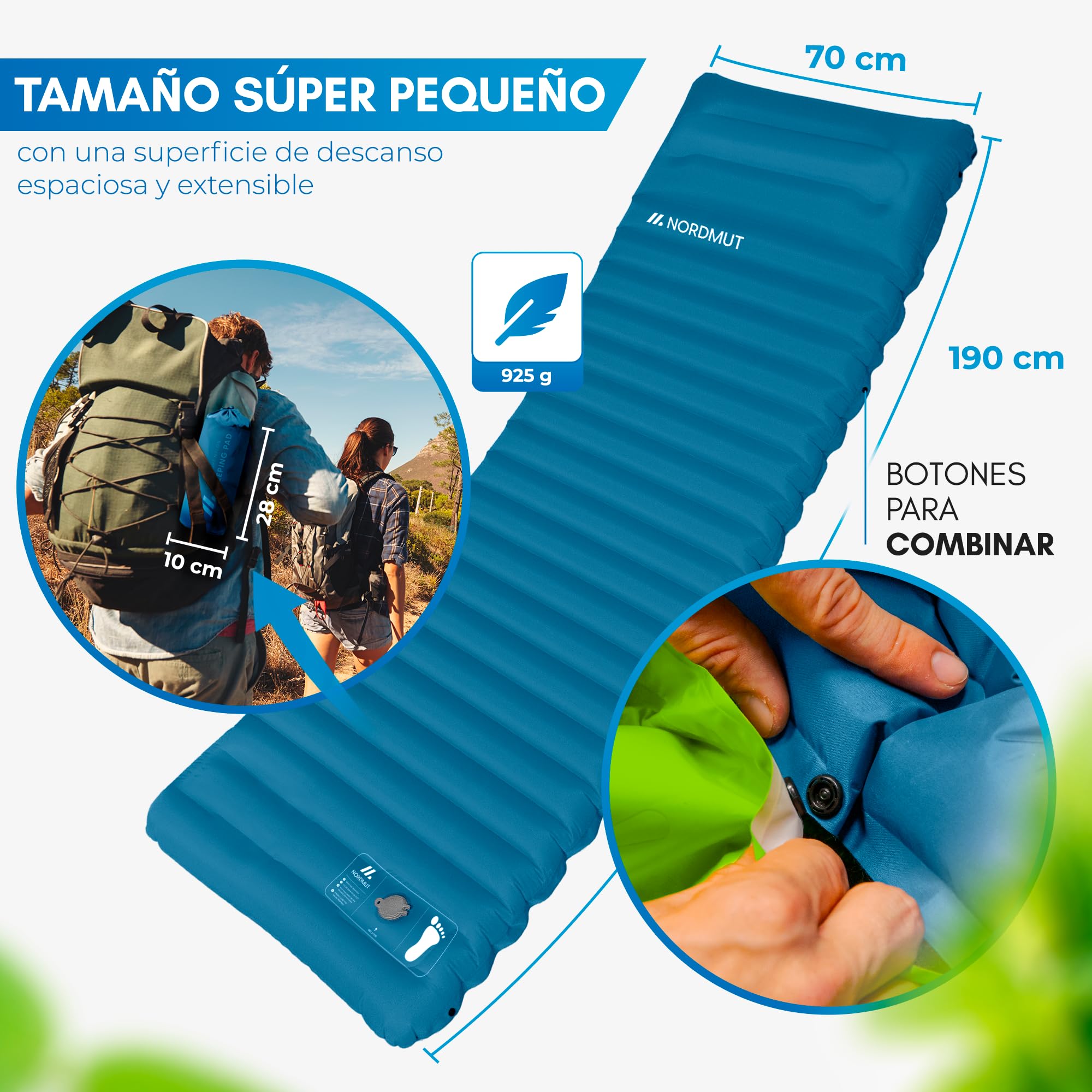 NORDMUT® Colchoneta Camping Autoinflable con Bomba de Pie Integrada 10cm – Colchoneta Compacta – Colchón Outdoor Ultra Cómodo (Azul)