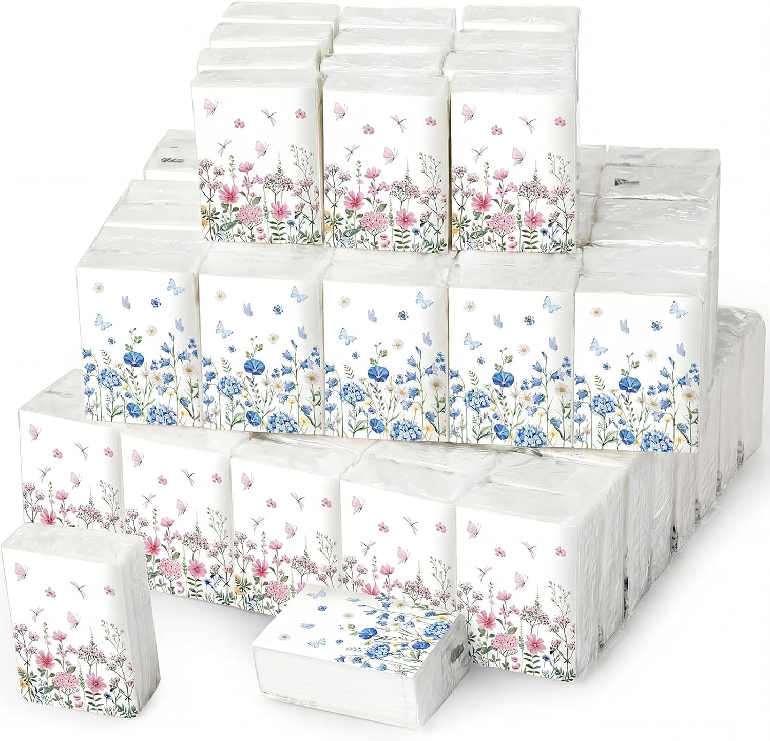 Yahenda 100 Pack Wildflower Facial Tissues Bulk Pink Blue Wildflower Pocket Tissues Small Size Individual Travel Packs 3 Ply Paper for Spring Bride Guests Wedding Favors