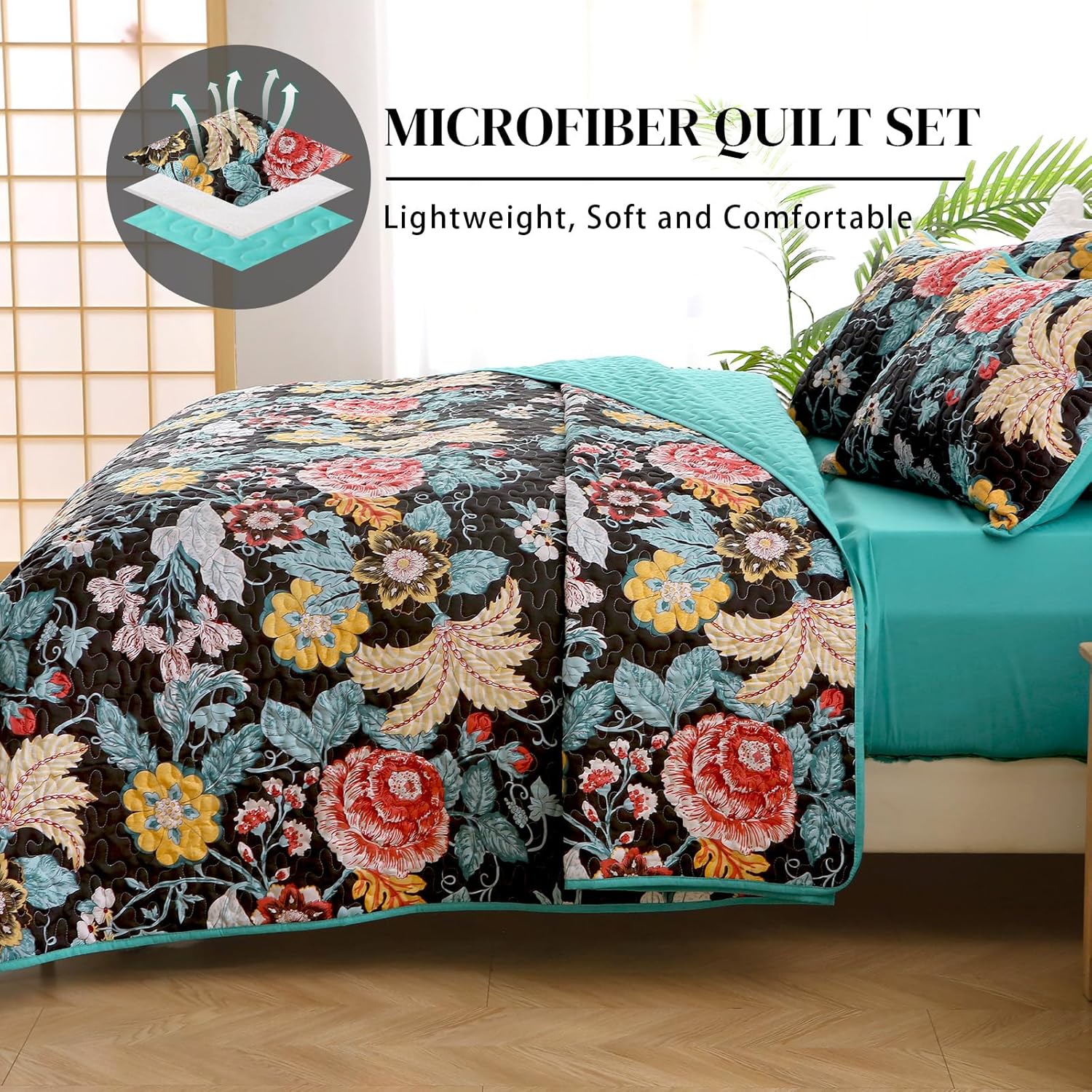 Black Floral Quilt Set Queen Size, 3 Pieces Boho Floral Bedspread Coverlet Set with 2 Pillow Shams, Soft Microfiber Reversible Quilt Bedding Set for All Season 96"×90" - Image 4