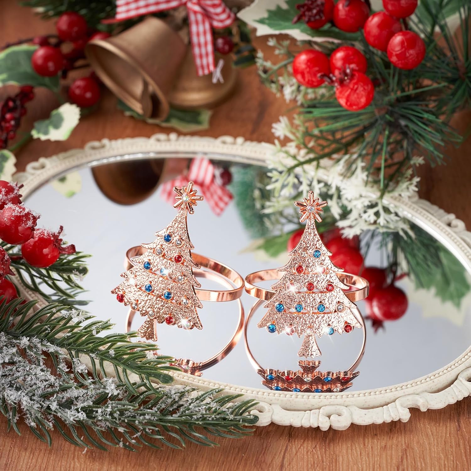 Outus 12 Pack Christmas Tree Napkin Rings Pink Metal Holders