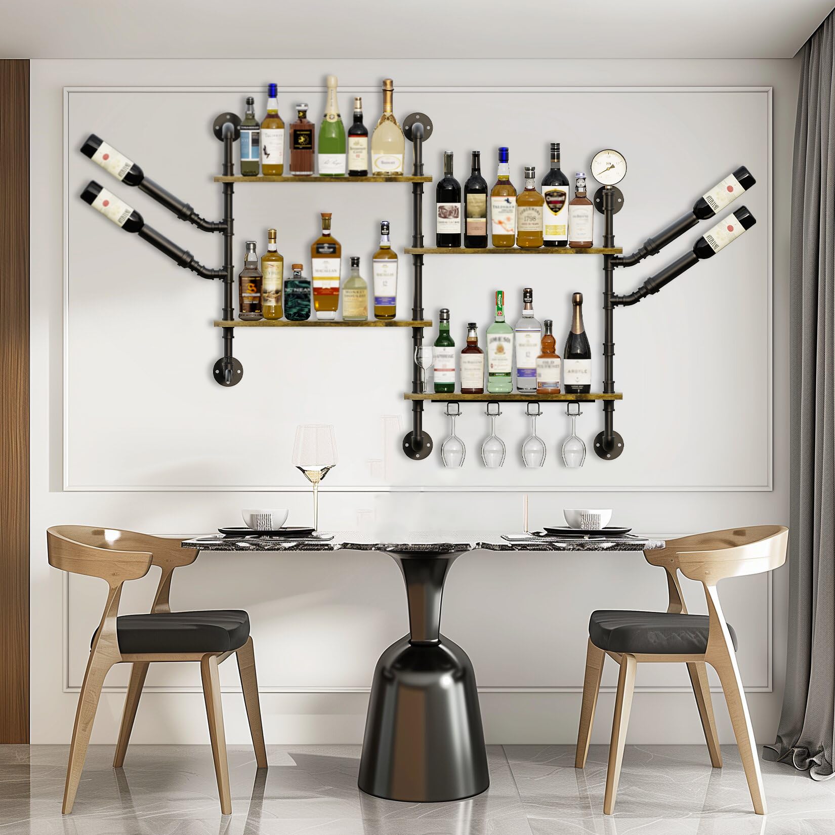 unho Botellero de Pared Industrial Grande de Metal: Estante de Vino Flotante Decorativo de 4 Niveles Esquinero de Botellas Especias para Cocina Hogar Bar Hotel 120x20x108cm