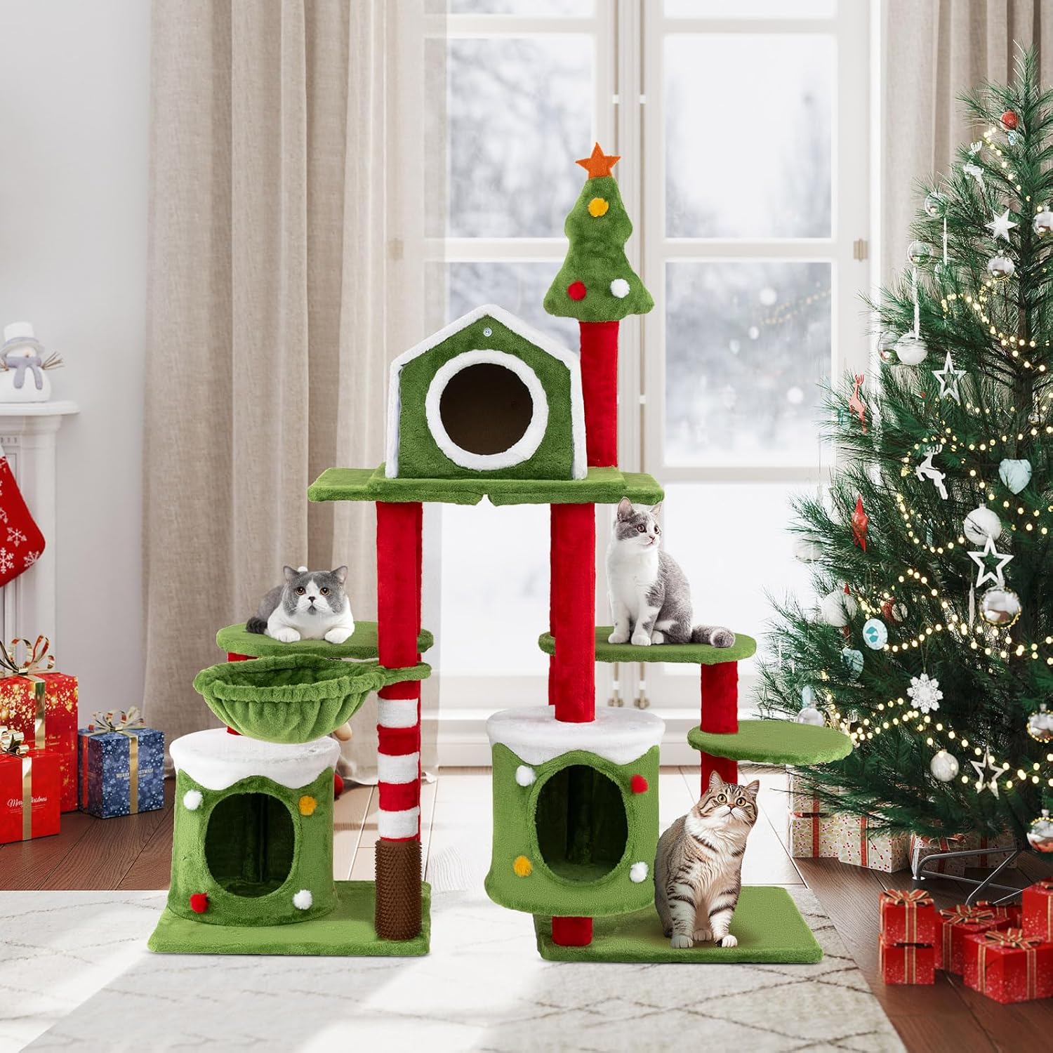PETSITE 58 Inch Cat Christmas Tree, Multi-Level Cat Tower with 3 Cat Condos, Cat Self Groomer, Side Basket, Faux Christmas Tree, and Anti-Tipping Kit, Christmas-Themed Cat Tree for Indoor Cats