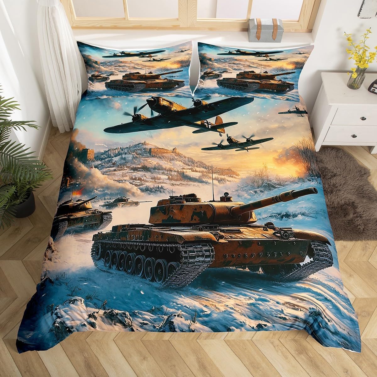 Camouflage Tank Duvet Cover Set Twin Size Fighter Airplane Bedding Set 2pcs for Kids Teens Modern Military Lover Comforter Cover 3D Army Tank Quilt Cover,1 Pillowcase(Not Comforter)