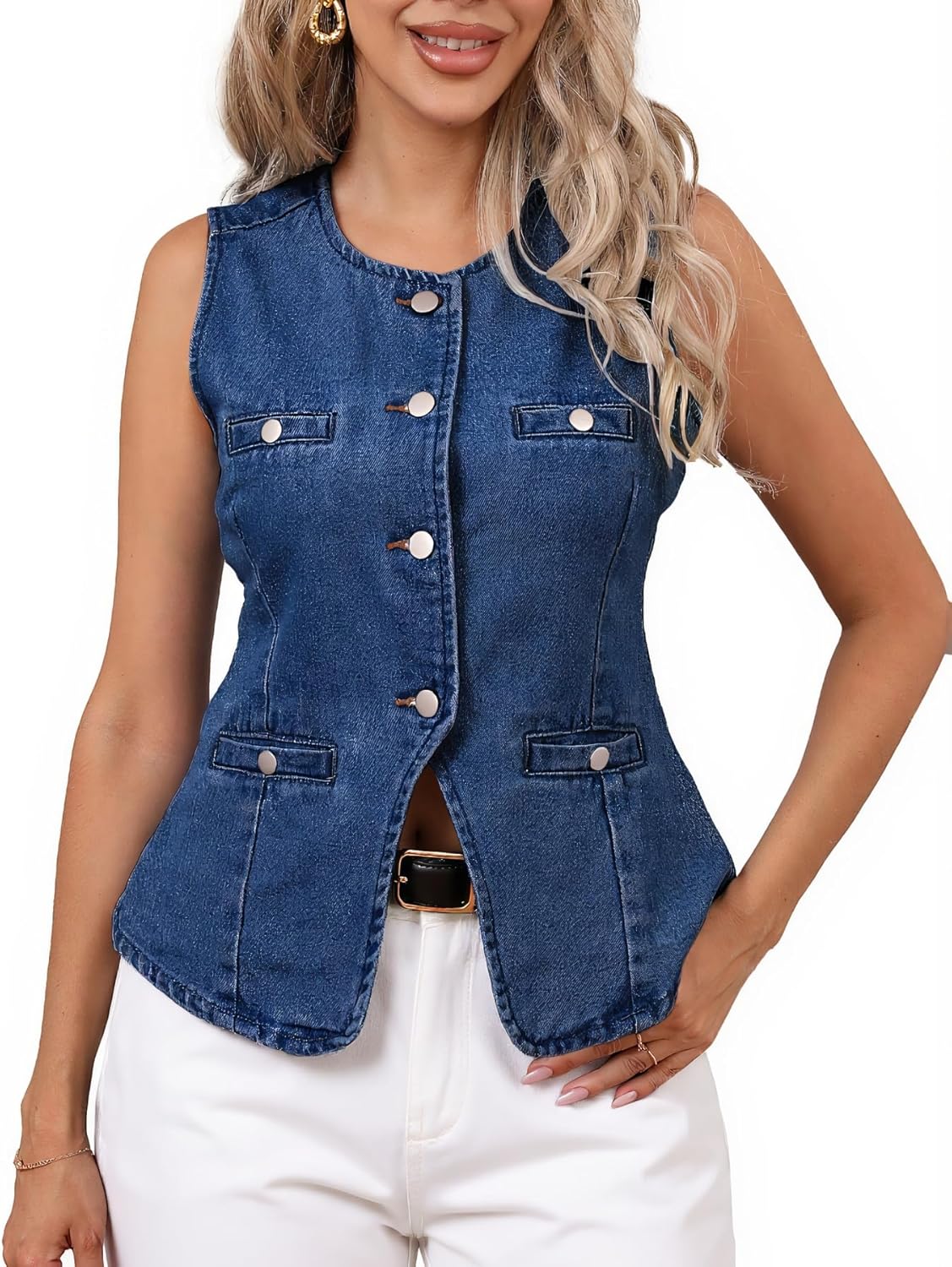 Ladyful Jean Vest Top for Women Sleeveless Button Down Denim Vest Crew Neck Fitted Western Waistcoat with Pockets