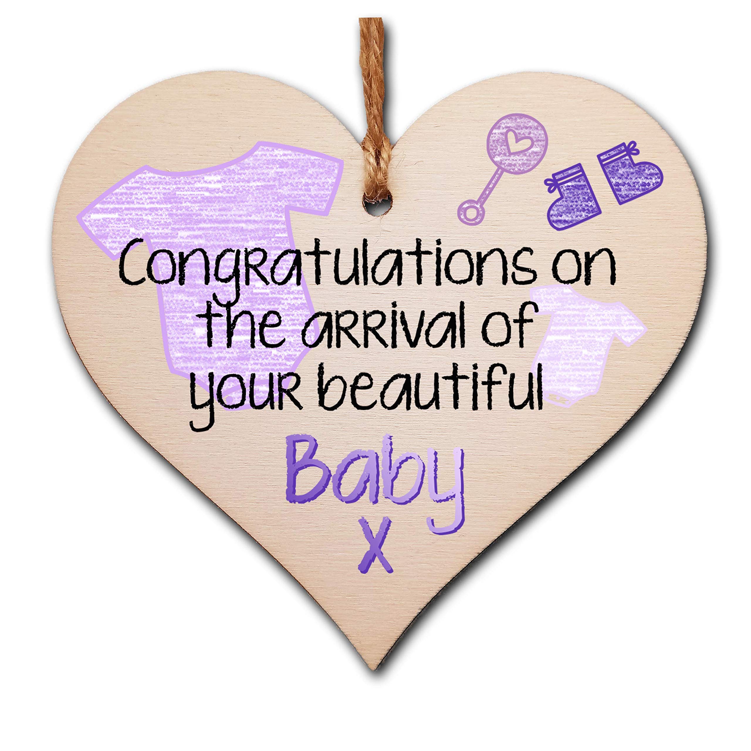 Handmade Wooden Hanging Heart Plaque Gift Congratulations on the arrival of your beautiful baby new baby present new parents lilac gender neutral nursery wall decoration crayon style โ image 1