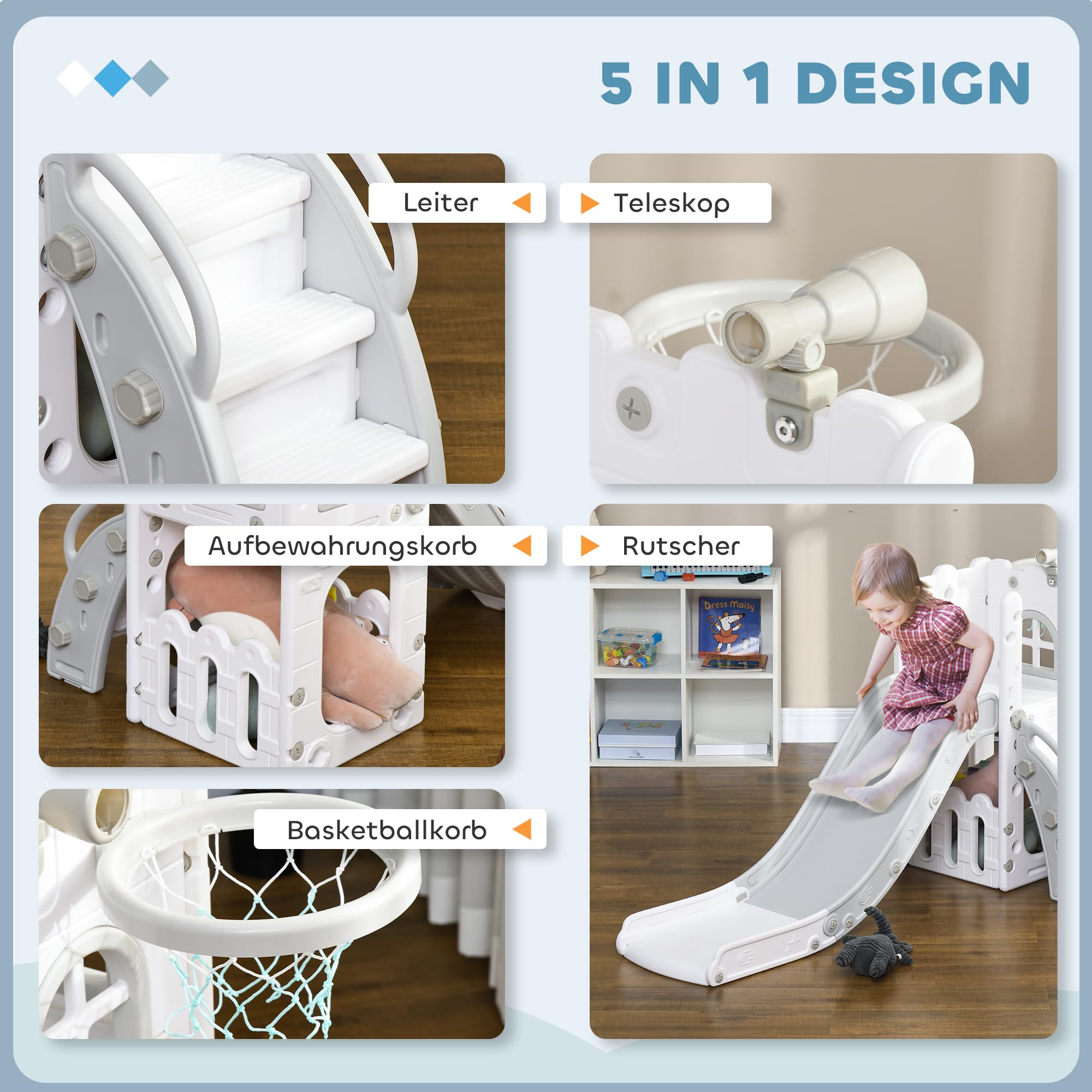 AIYAPLAY Kinderrutsche, 5 in 1, Kleinkinderrutsche mit Basketballkorb, Teleskop Klettergerüst, Aufbewahrungskorb Rutsche mit Basketball für Kinder 1-3 Jahre, Indoor, Grau 70 x 177 x 92 cm