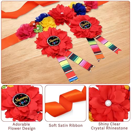 Miniatura 3 de Vansolinne Fiesta Mexican Maternity Sash Mommy to Be Sash for Baby Daddy to Be Ramillete Tema mexicano de la ONU Cinturón de vientre de flores