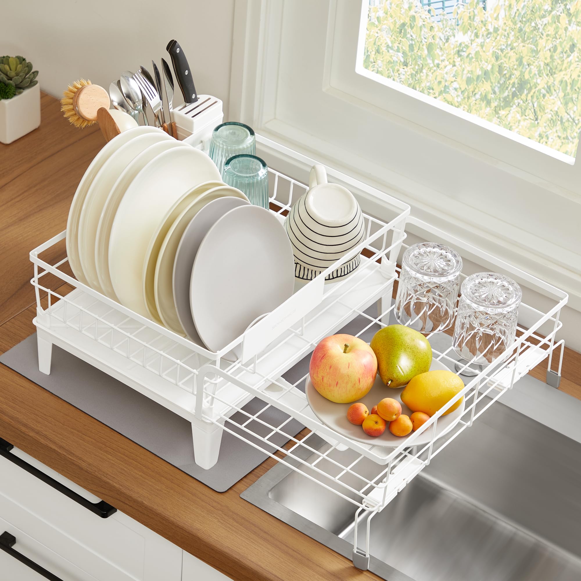 SONGMICS Dish Drying Rack, Kitchen Dish Rack, with Drainboard, 360° Rotatable and Extendable Spout, with Cutlery Holder, 12.2-22 x 16.5 x 7.9 Inches, Matte White and Dove Gray UKCS552W01 Mat