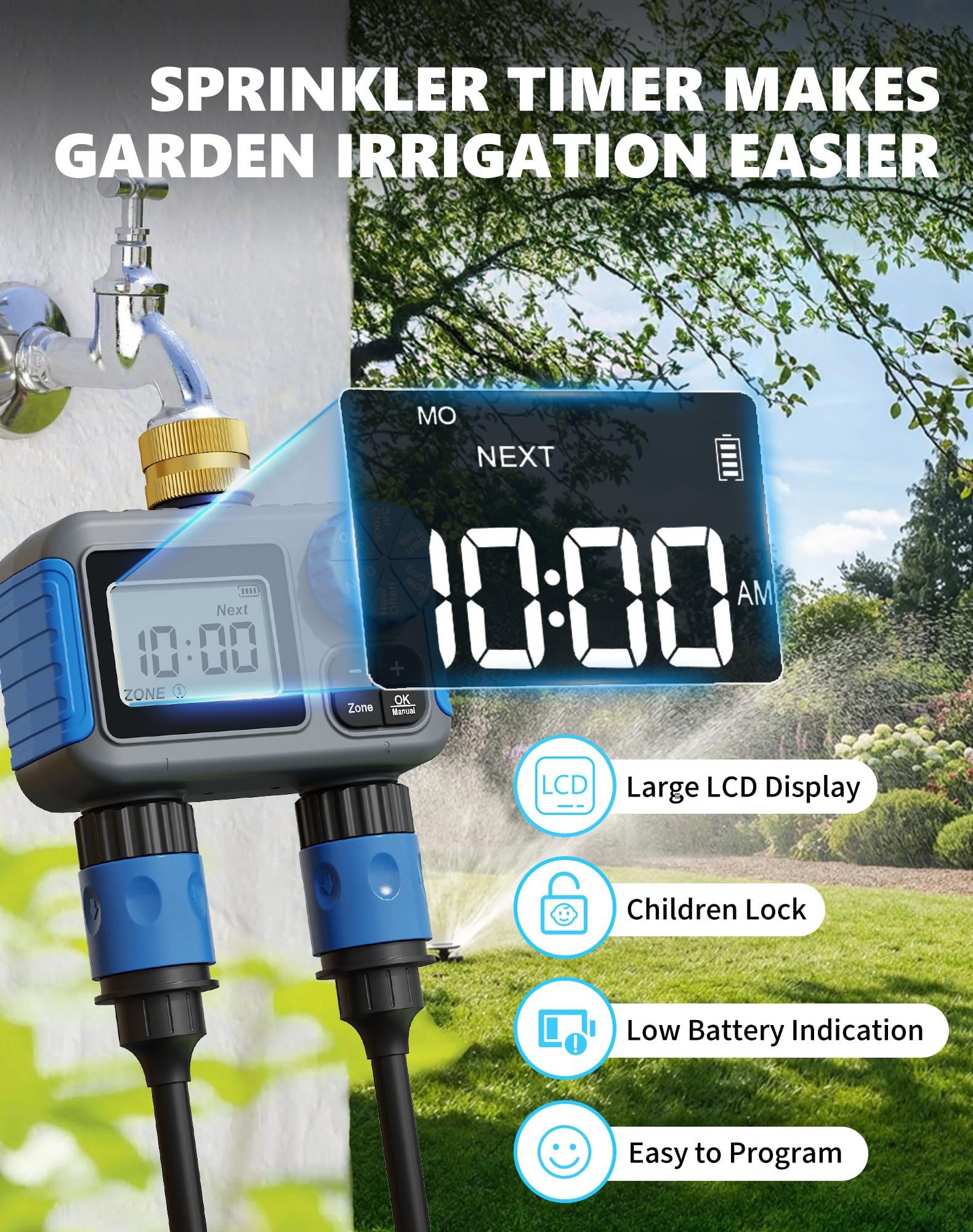 Timer irrigatore con rotazione in ottone, timer per tubo a 2 zone per irrigazione, timer digitale per irrigazione con ritardo pioggia e modalità manuale, sistema di irrigazione automatico per