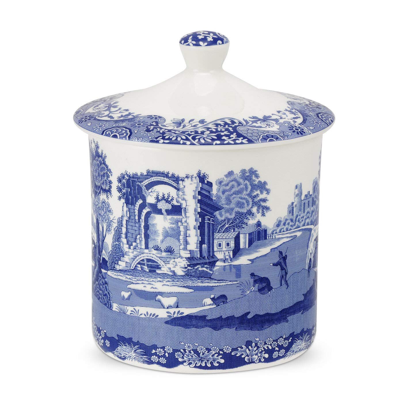 Spode Blue Italian Porcelain Kitchen Storage Jar - 7.5 Inch Airtight Food Container with Decorative Countryside Scene - Dry Goods Canister for Pantry or Counter, Kitchen Organization Tools