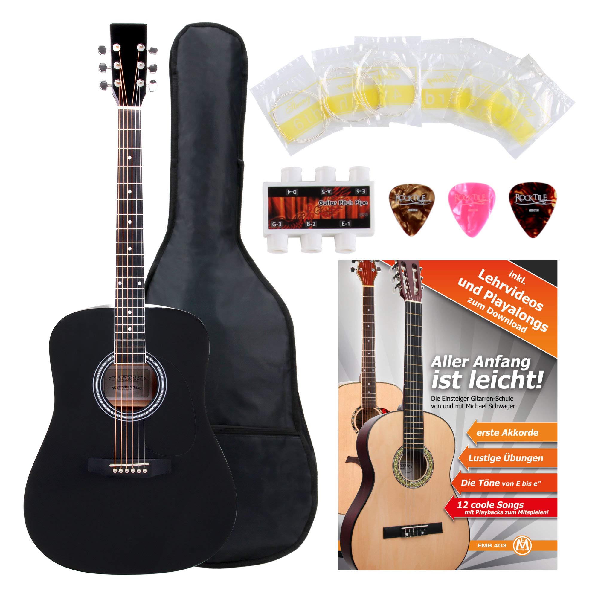 Classic Cantabile Westerngitarra Starter-Set incl. set accessori 5 pezzi | Chitarra Western, Stile Dreadnought, 6 corde, 20 tasti, Ponticelli: nickel argento, Manico, ponte: acero, Manico: betulla