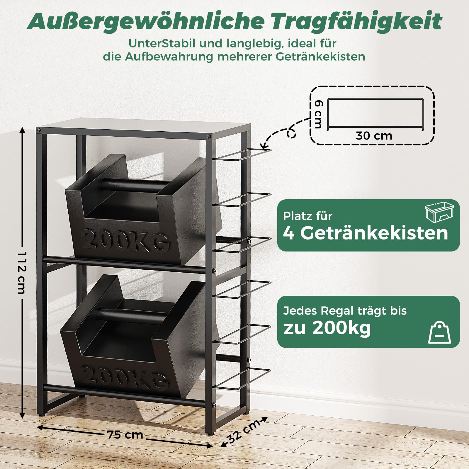 Getränkekistenregal für 4 Kisten, Trag.400KG, Kistenregal Getränkekisten | Getränkeregal Metall, Schwarz Getränkeregal, Weinregal, Vorratsregal, Kastenregal für Küche Balkon Keller & Abstellraum