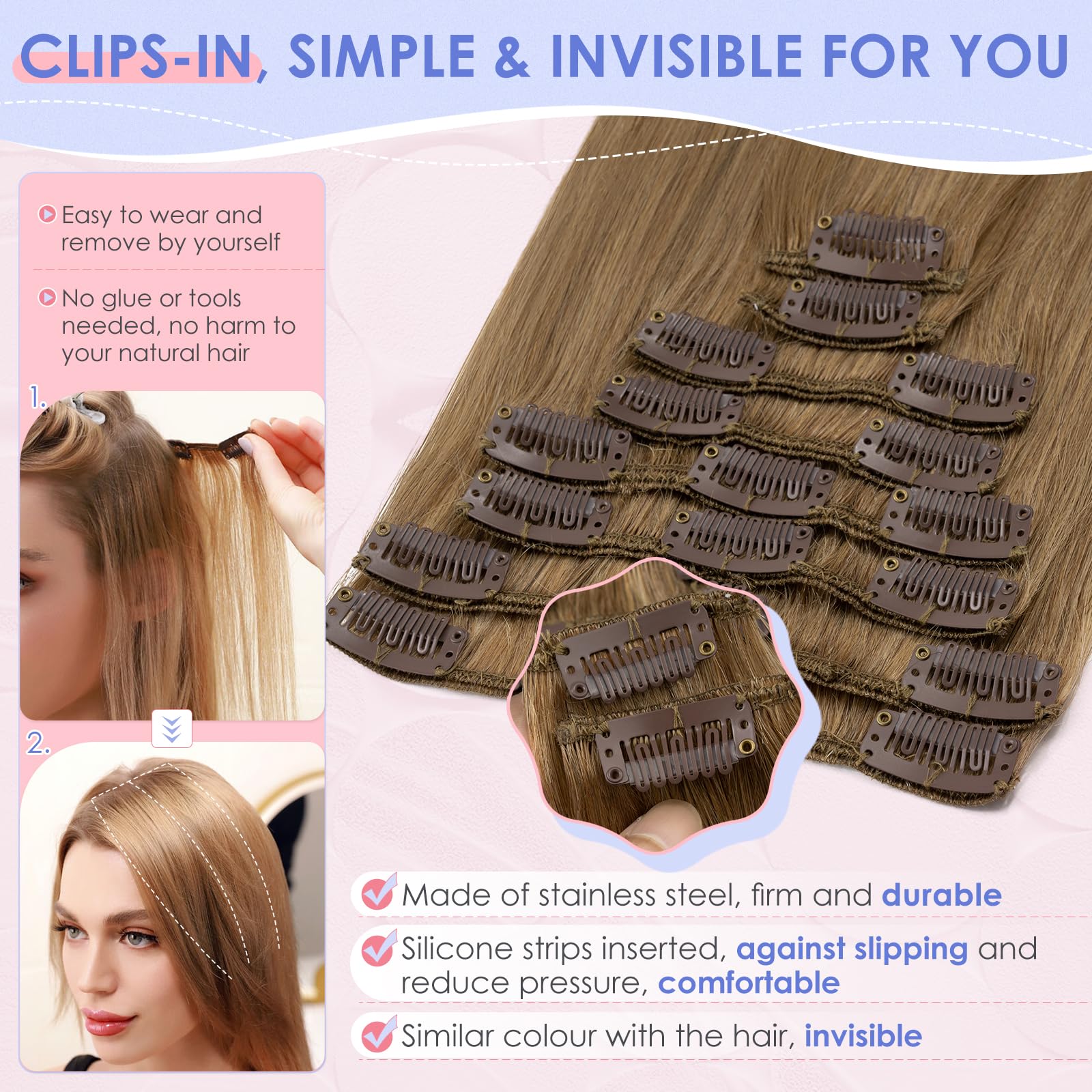 Elailite Clip in Hair Extensions Real Human Hair Remy - 8 Pcs Invisible Thin Weft - #06 Light Brown - 18 Inch 70G - Image 3