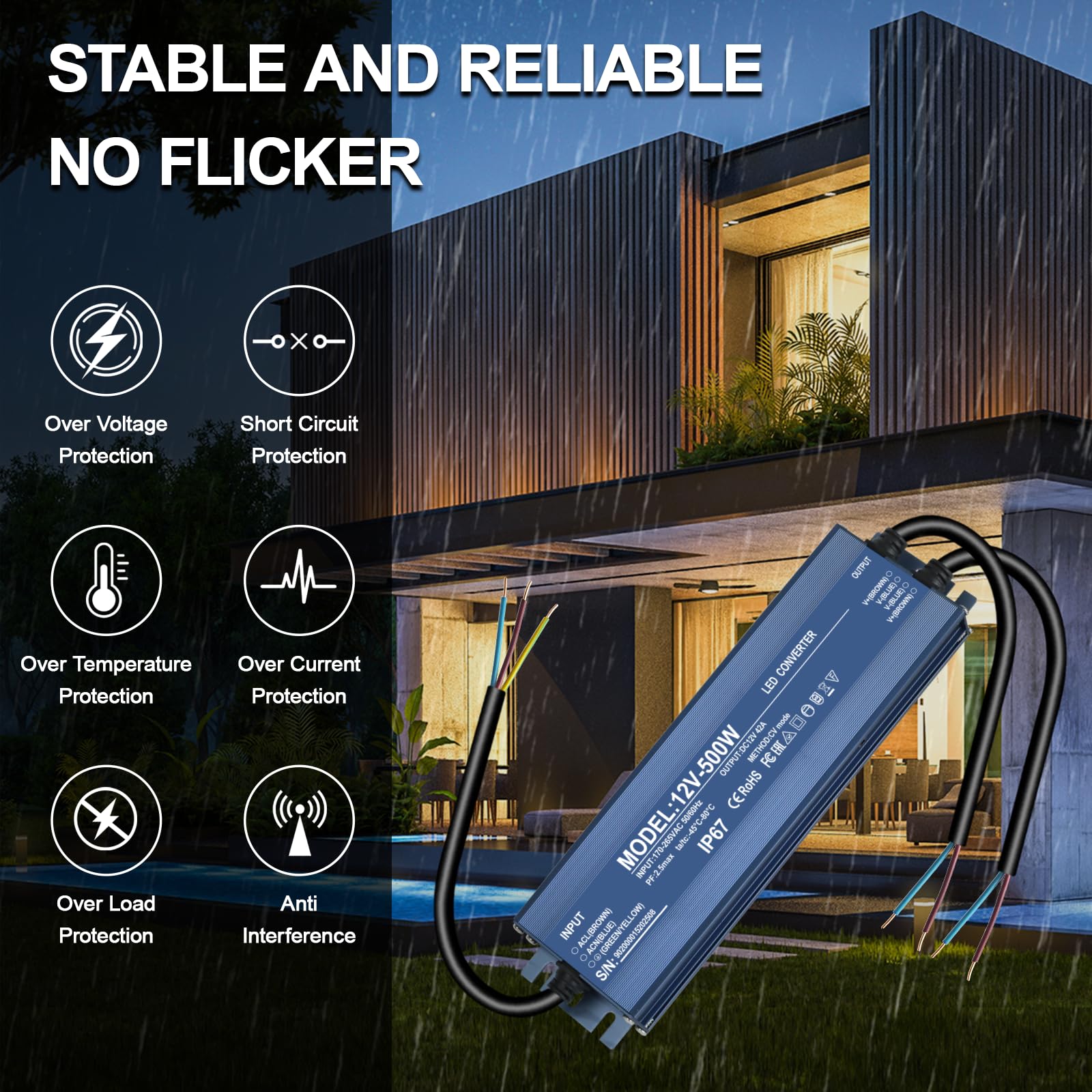 Trasformatore LED 12V 500W, Alimentatore 12v 42A, Driver LED AC a DC | 500W Trasformatore 220V 12v, Impermeabile IP67, Senza Sfarfallio, Nessun rumore, per G4, GU5.3, MR11, MR16, Non dimmerabile
