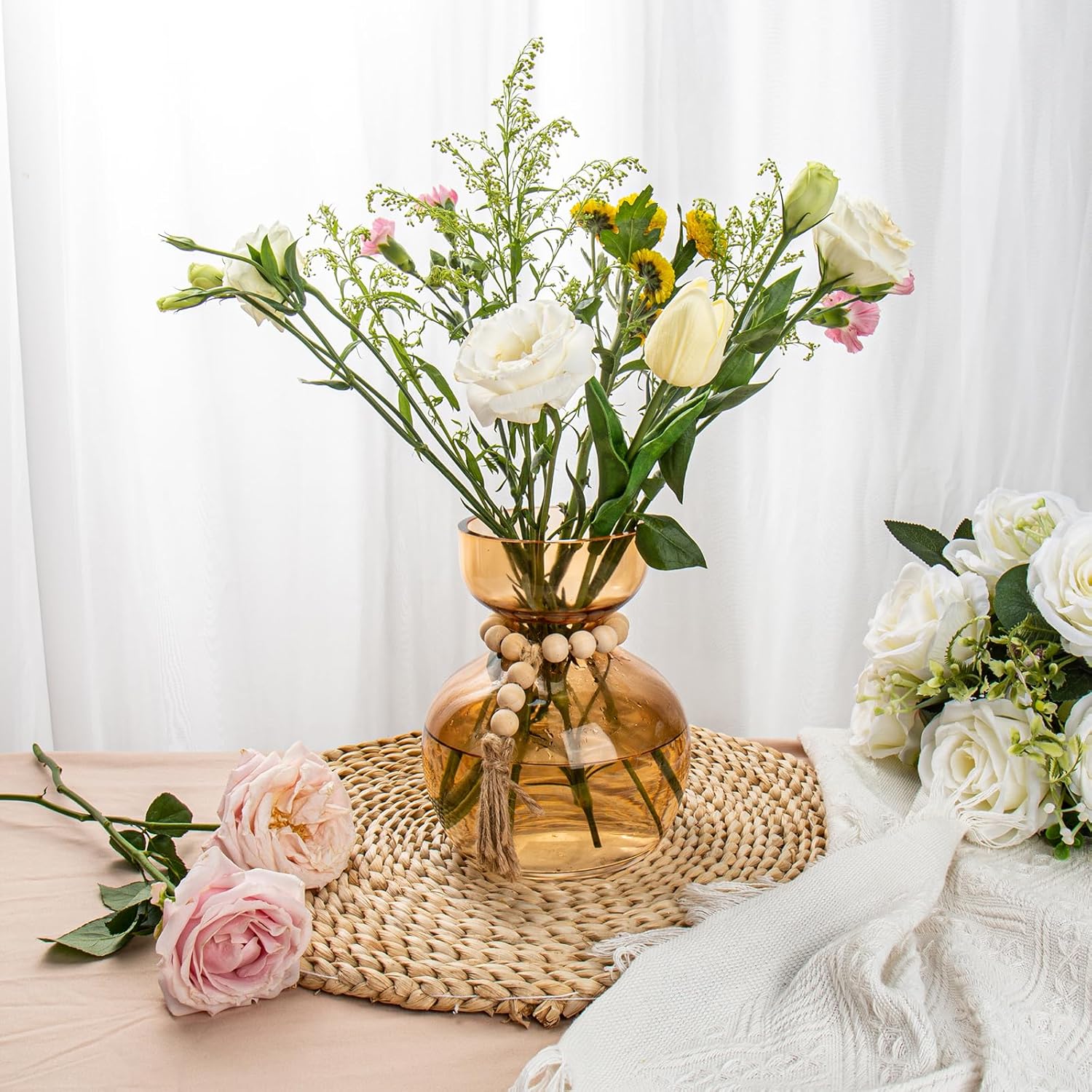 Hollyone Amber Glass Vases Bud Vase for Flowers Vintage Modern Short Vases with Wooden Beads Small Glass Vase for Centerpieces Home Table Shelf Living Room Wedding Decorations - Image 3