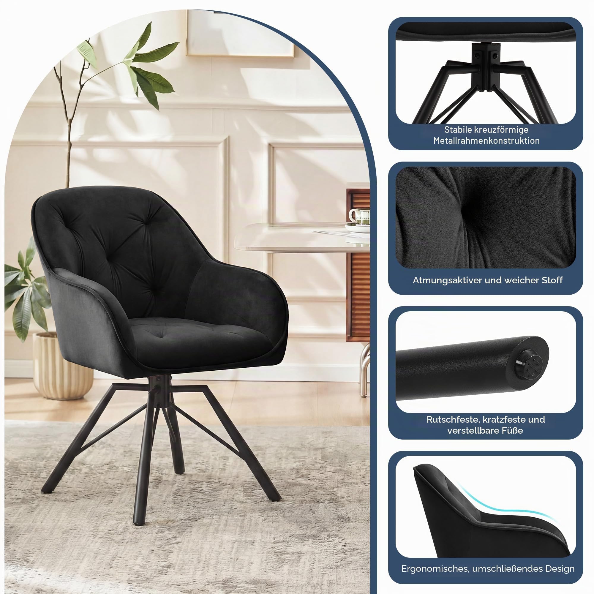 ELUCHANG Esszimmerstühle 2er Set, 360°Drehbar, Mehrschichtiger Dicker Schaumstoff Stuhl mit Hohen Armlehnen, Schwarz Samt, Gekreuztes Metallgestell bis 150KG, für Schlafzimmer Küche Wohnzimmer