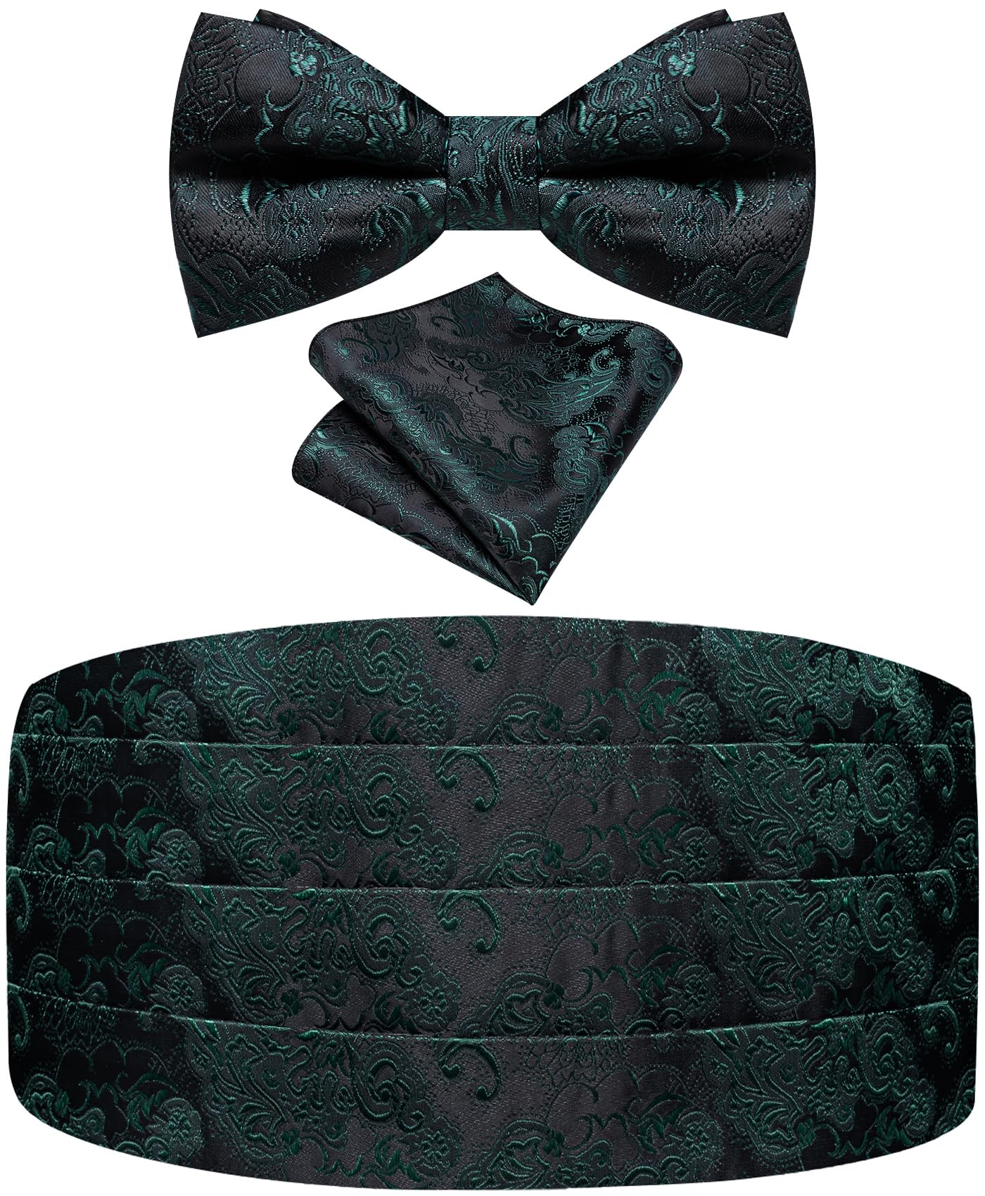 Paisley Floral Tuxedo Cummerbund Bow Tie Pocket Square Set for Men